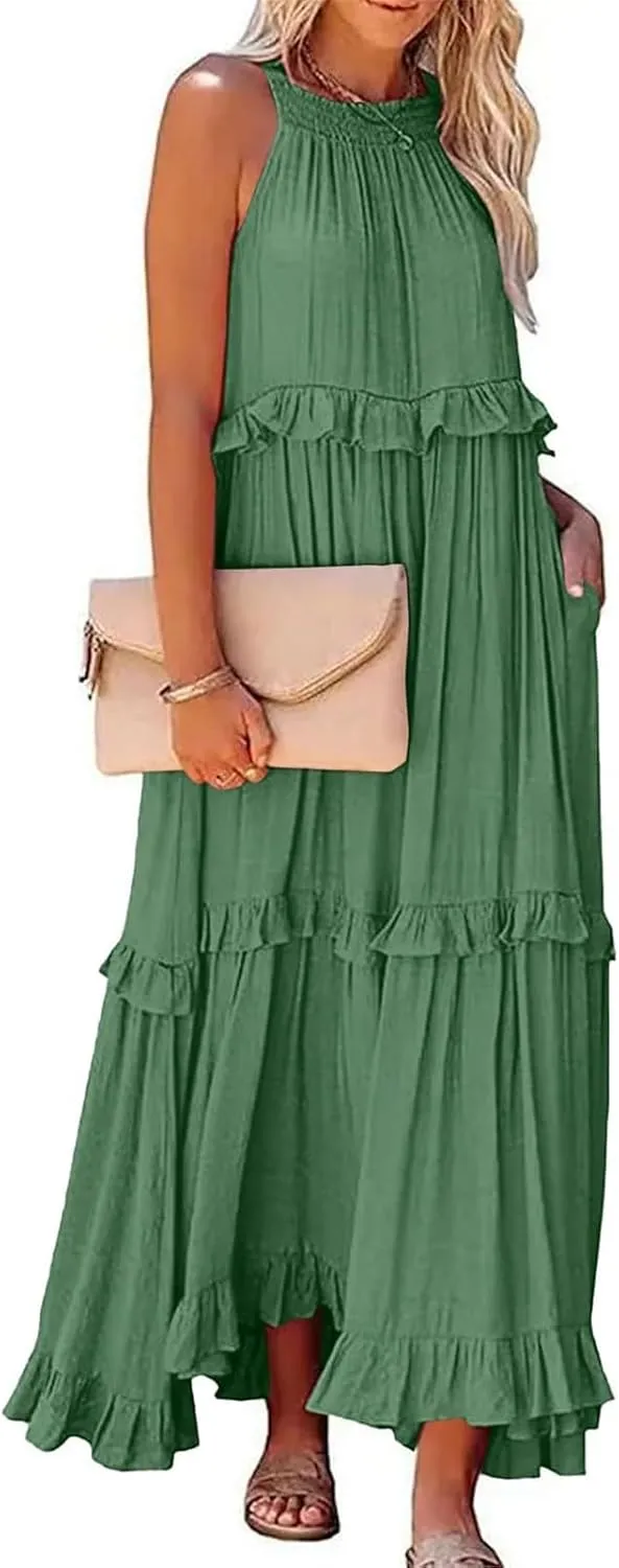 2025 Plus Size Summer Dresses for Women,Sleeveless Halter Casual Pleated Tiered Flowy Beach Vacation Long Dresses Sundress