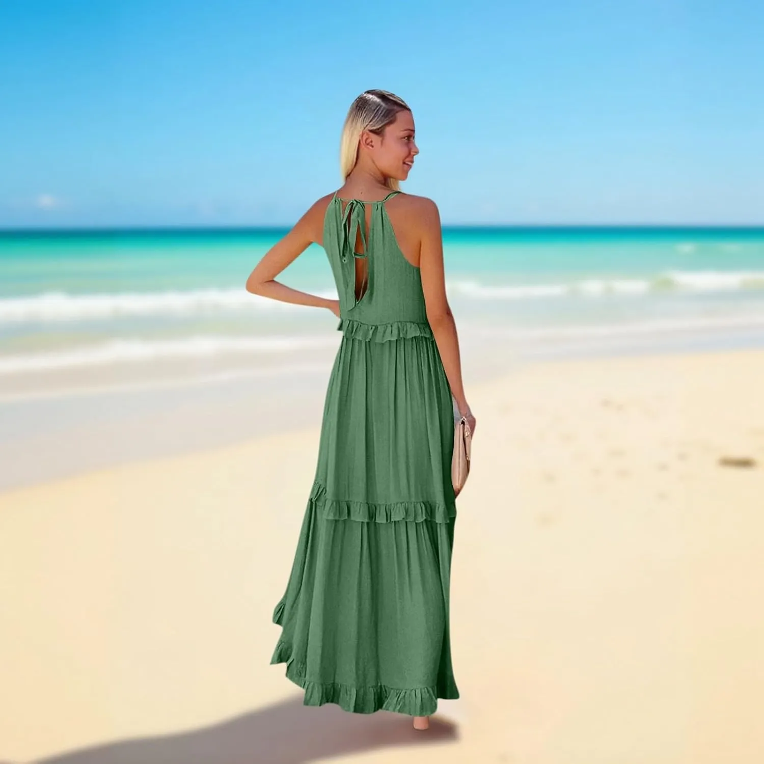 2025 Plus Size Summer Dresses for Women,Sleeveless Halter Casual Pleated Tiered Flowy Beach Vacation Long Dresses Sundress