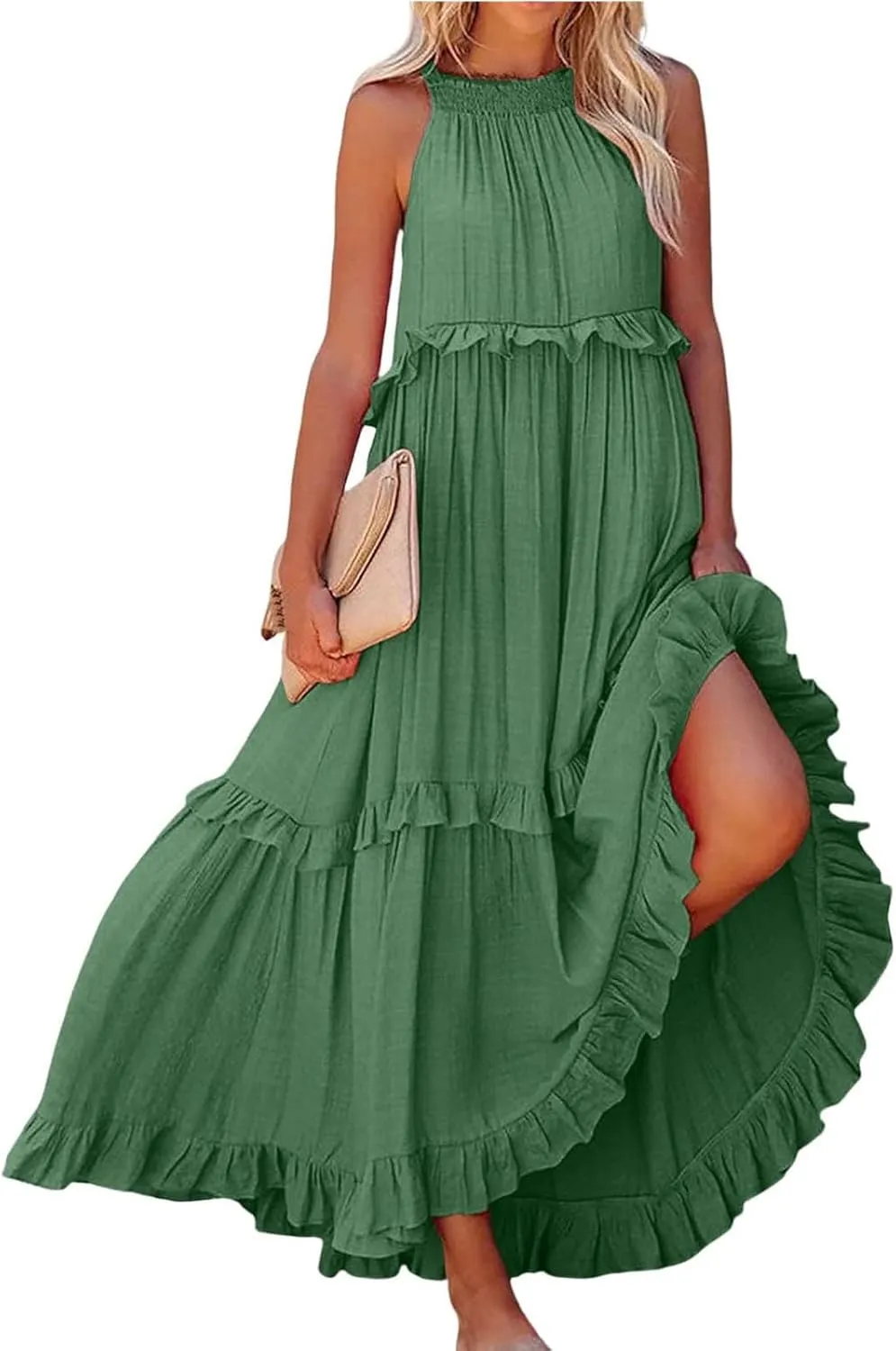 2025 Plus Size Summer Dresses for Women,Sleeveless Halter Casual Pleated Tiered Flowy Beach Vacation Long Dresses Sundress