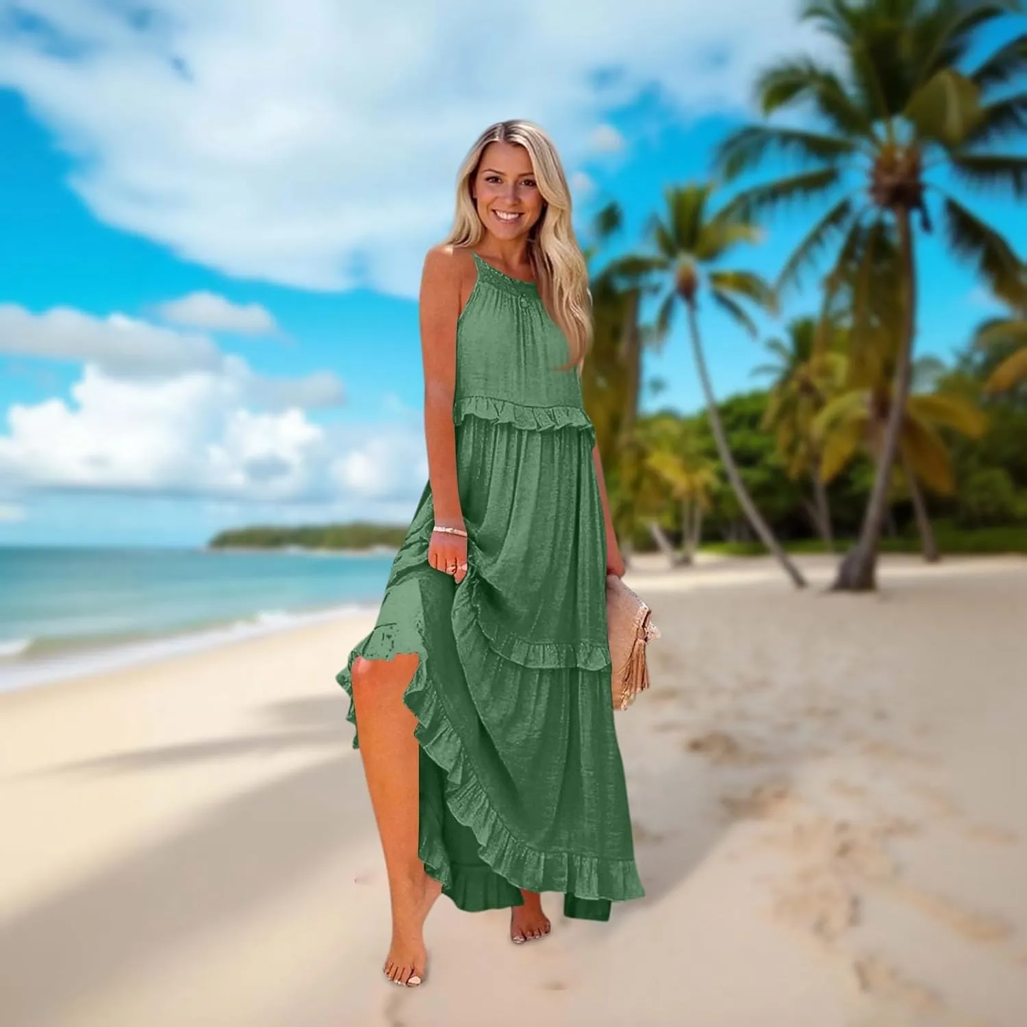 2025 Plus Size Summer Dresses for Women,Sleeveless Halter Casual Pleated Tiered Flowy Beach Vacation Long Dresses Sundress