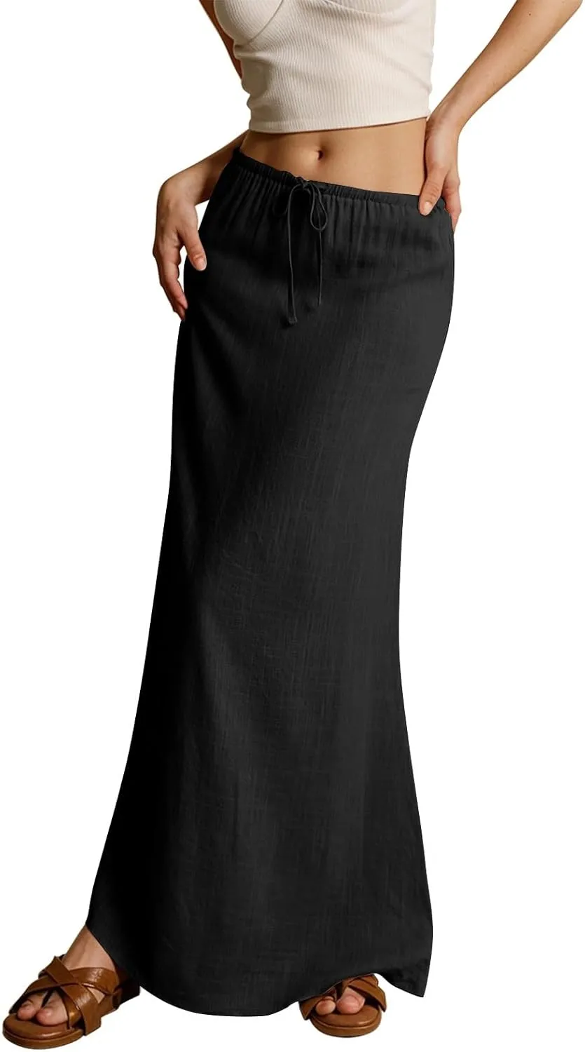 2025 Womens Boho Casual Tie Long Maxi Skirt Summer Low Waisted Casual Basic Warp Skirts for Beach Vacation Daily