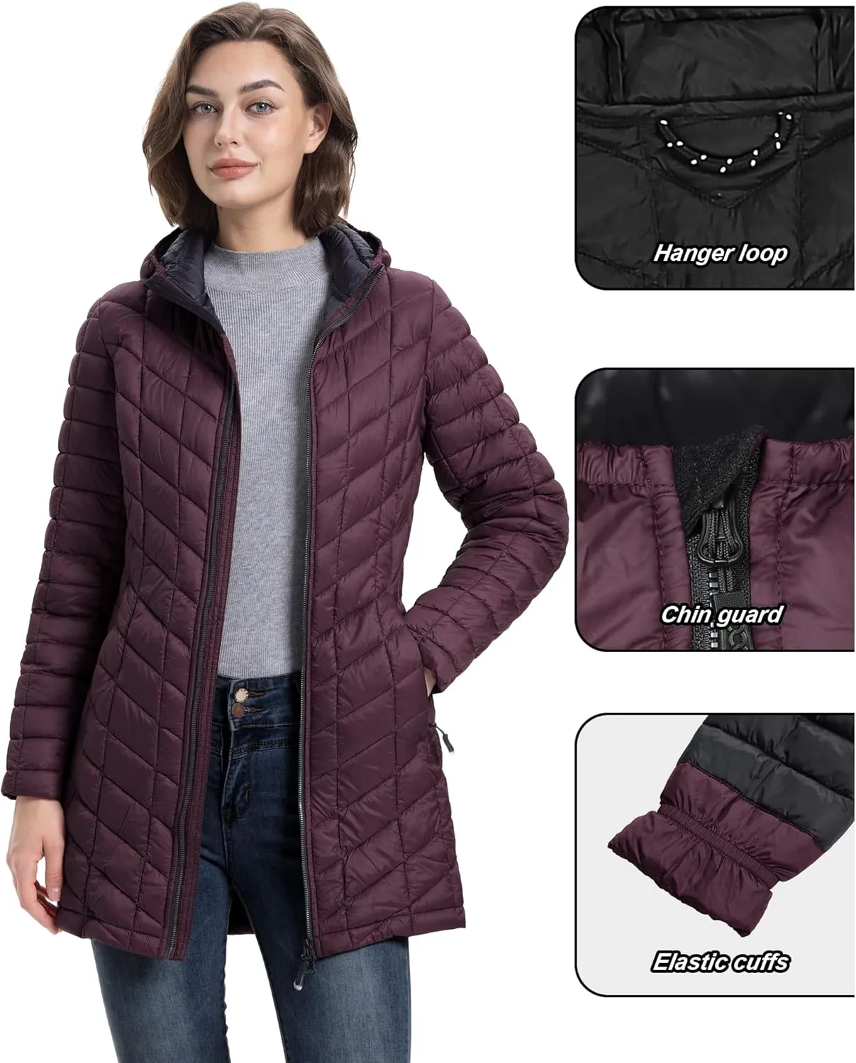 33,000ft Women's Long Puffer Jacket with Hood, Lightweight Warm Puffy Quilted Winter Coats