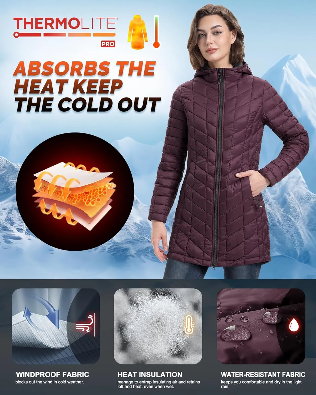 33,000ft Women's Long Puffer Jacket with Hood, Lightweight Warm Puffy Quilted Winter Coats