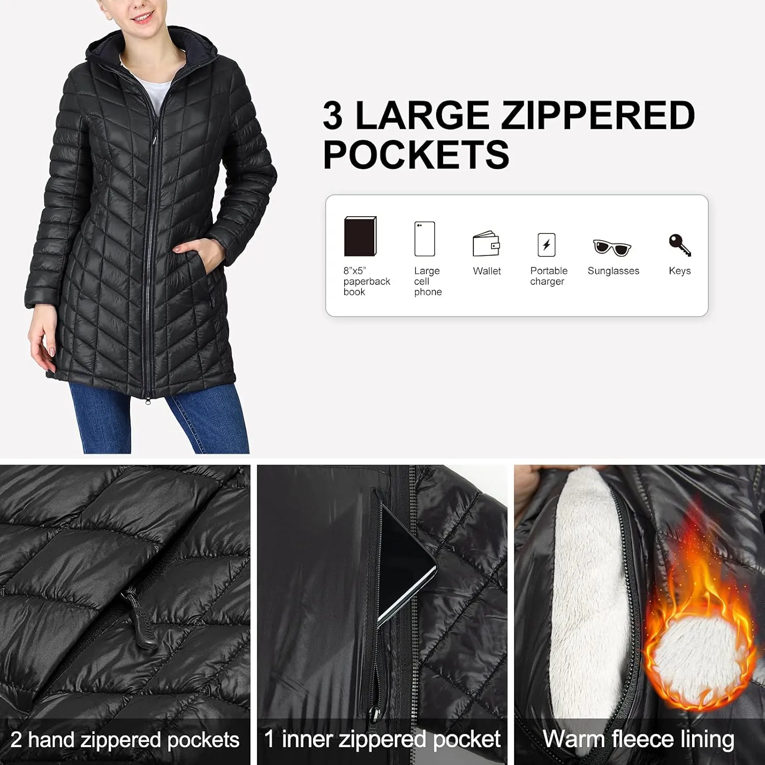 33,000ft Women's Long Puffer Jacket with Hood, Lightweight Warm Puffy Quilted Winter Coats