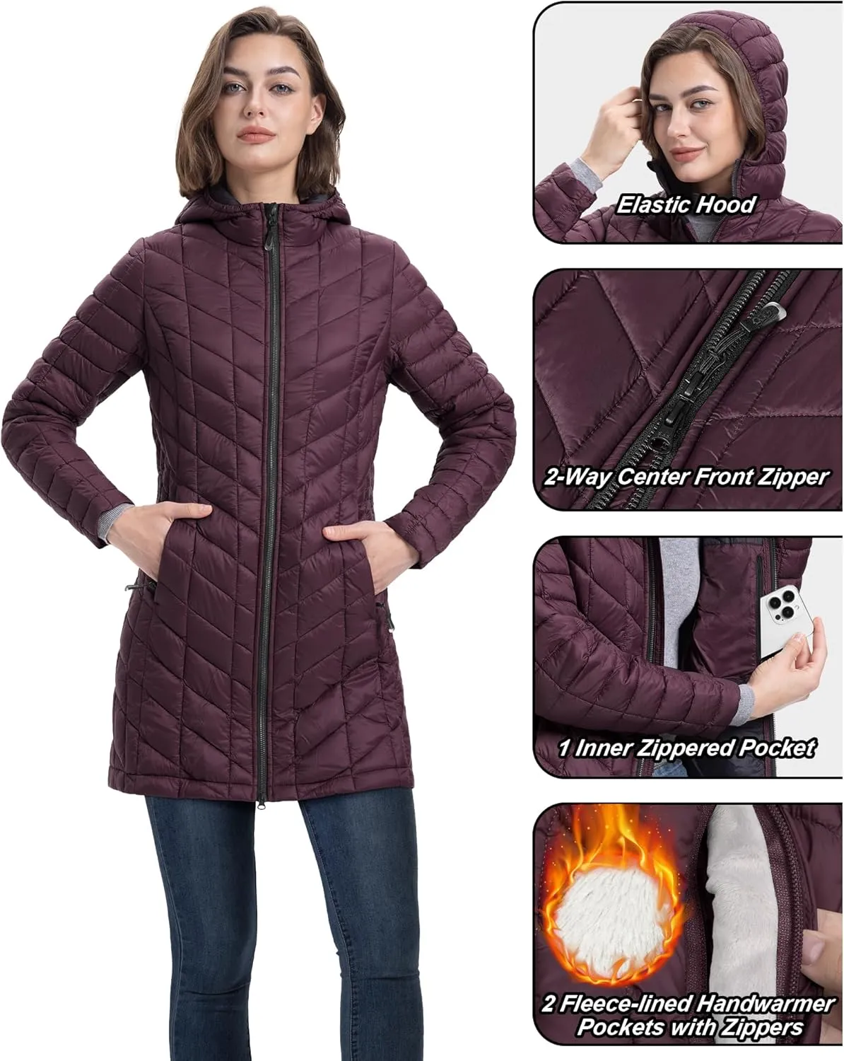 33,000ft Women's Long Puffer Jacket with Hood, Lightweight Warm Puffy Quilted Winter Coats
