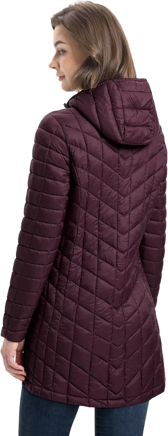 33,000ft Women's Long Puffer Jacket with Hood, Lightweight Warm Puffy Quilted Winter Coats