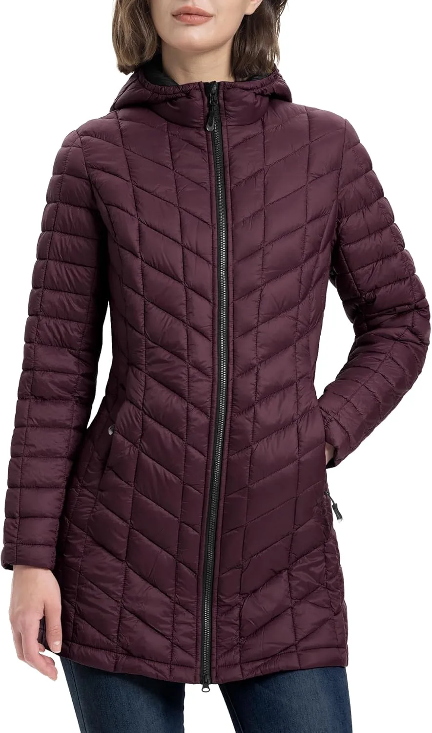 33,000ft Women's Long Puffer Jacket with Hood, Lightweight Warm Puffy Quilted Winter Coats