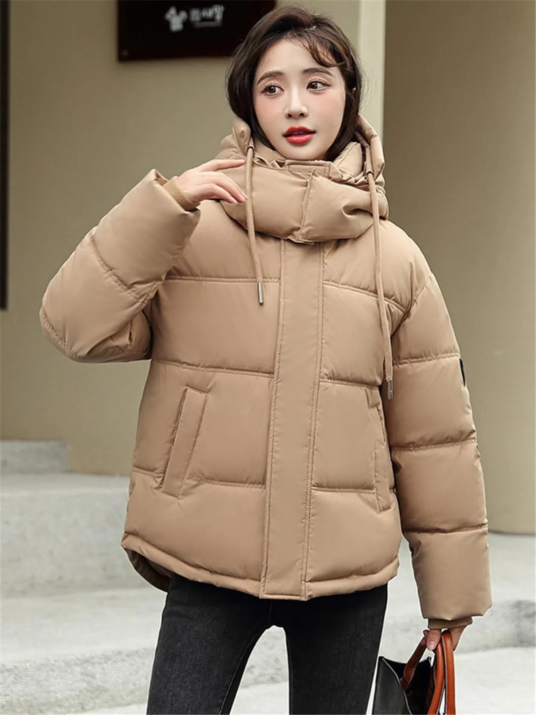 Adhdyuud Women's Down Jacket Cotton Padded Parka Hooded Puffer Ultra Light Warm Casual Coat Loose Overcoat