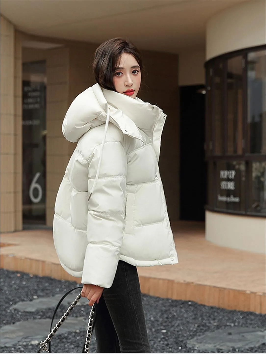 Adhdyuud Women's Down Jacket Cotton Padded Parka Hooded Puffer Ultra Light Warm Casual Coat Loose Overcoat