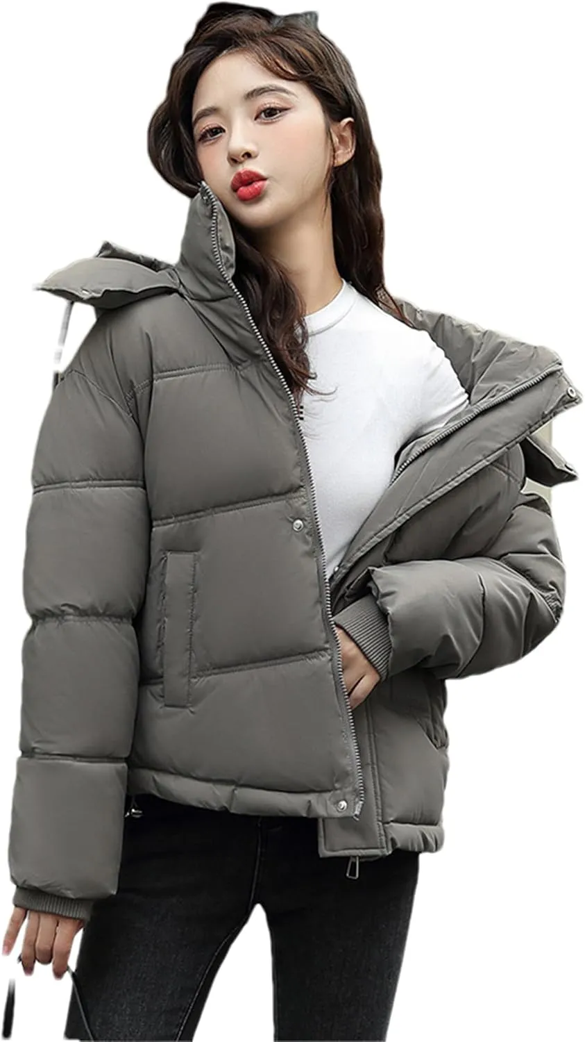 Adhdyuud Women's Down Jacket Cotton Padded Parka Hooded Puffer Ultra Light Warm Casual Coat Loose Overcoat