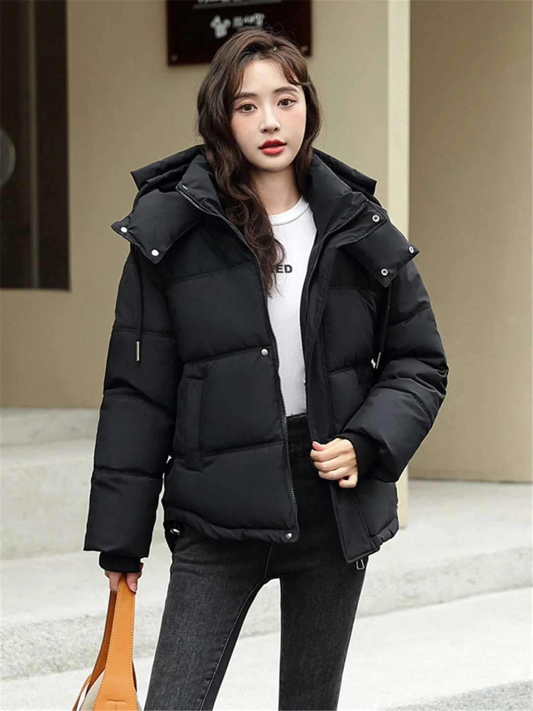 Adhdyuud Women's Down Jacket Cotton Padded Parka Hooded Puffer Ultra Light Warm Casual Coat Loose Overcoat