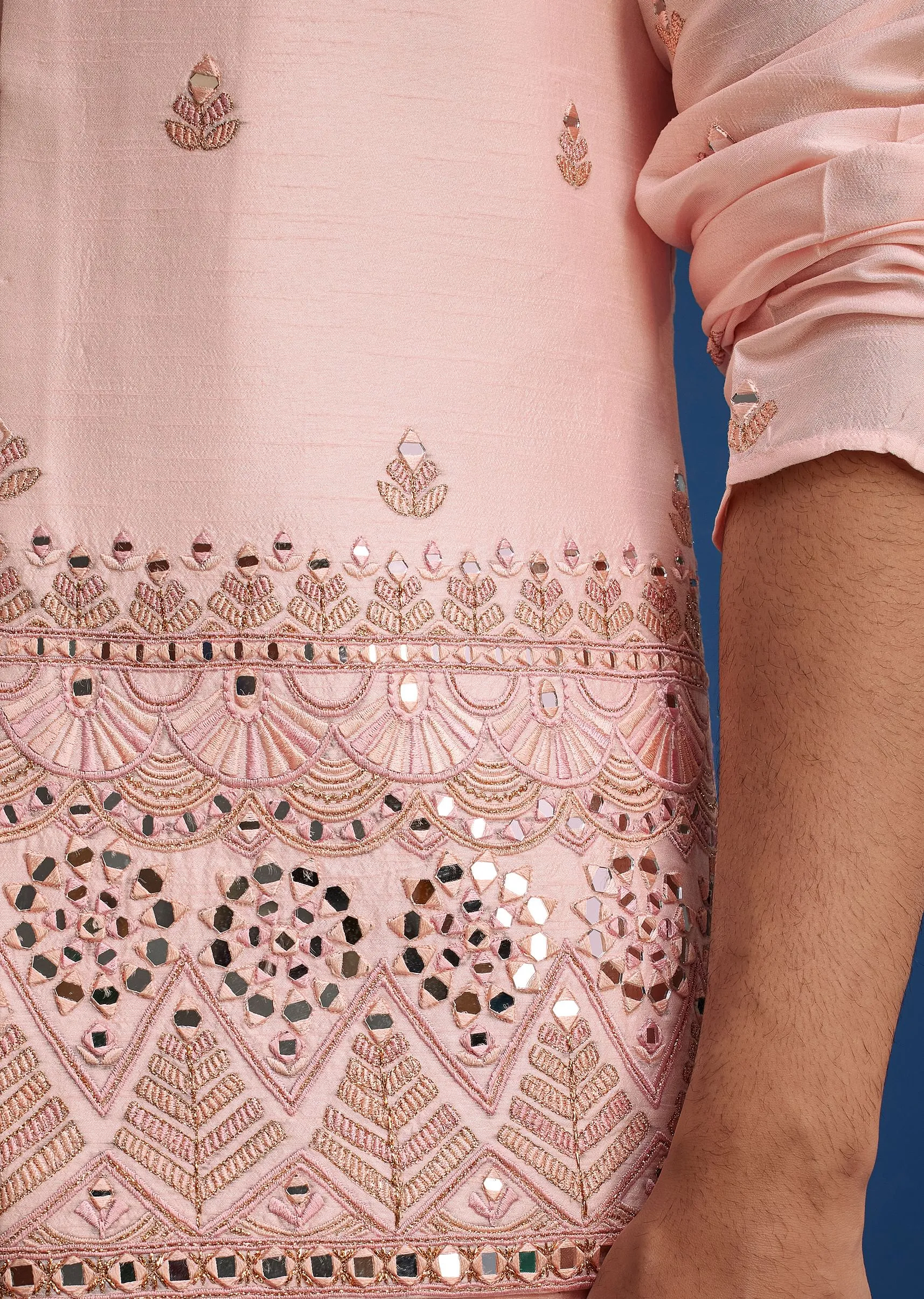 Baby Pink Tussar Kurta Jacket Set With Mirror Embroidery