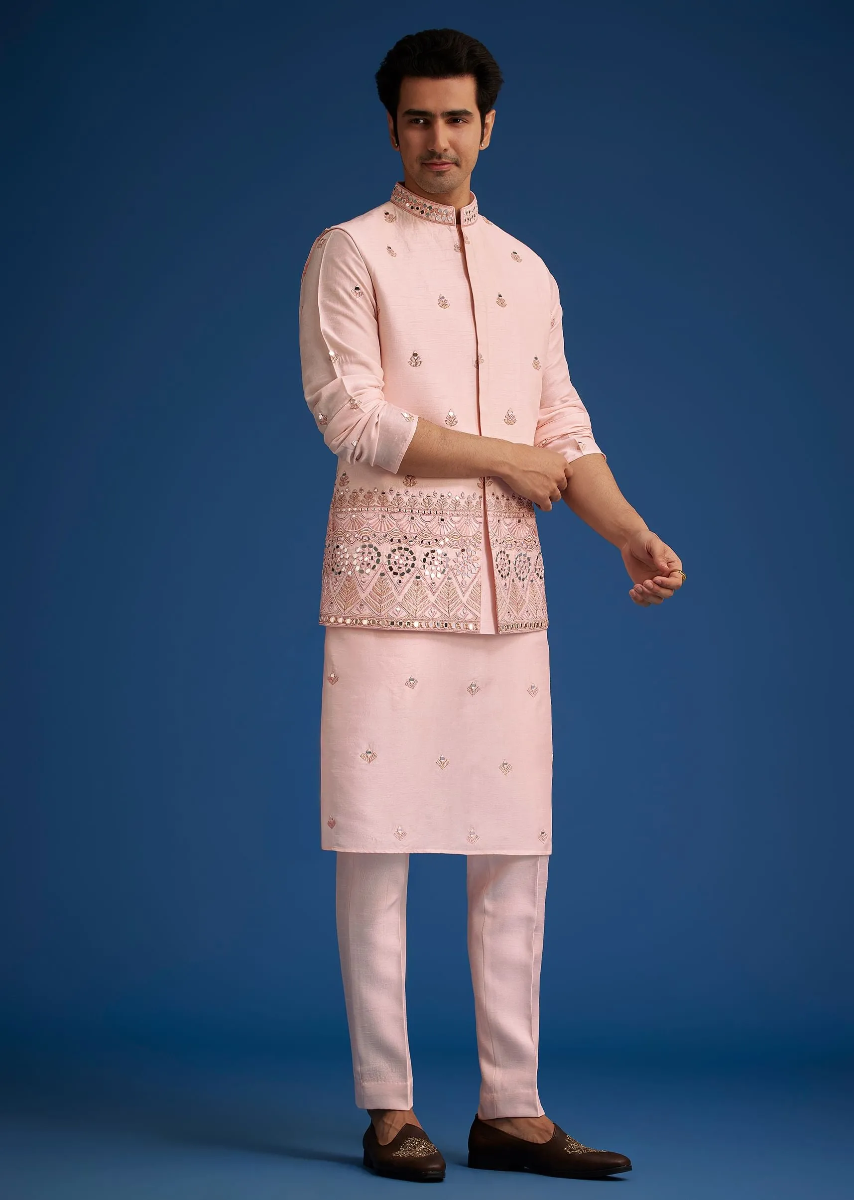 Baby Pink Tussar Kurta Jacket Set With Mirror Embroidery