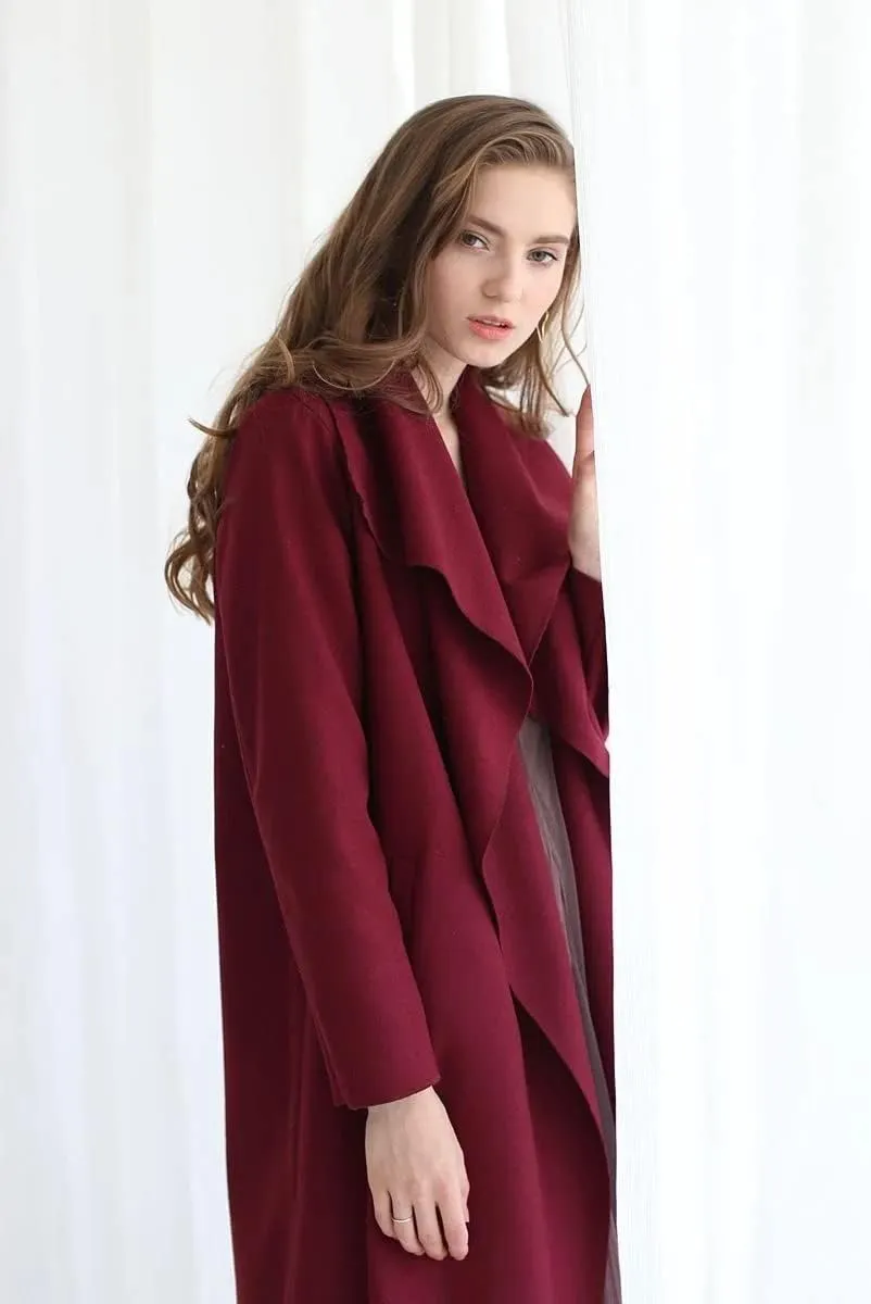 CHARTOU Women's Wool Blend Shawl Collar Cascade Front Belted Wrap Trench Coat