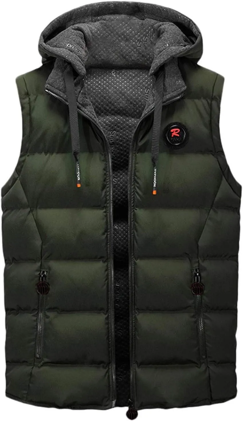 Drawstring Hooded Puffer Vest for Men Full Zip Down Vest with Pockets Hoodie Sleeveless Jacket Slim Fit Winter Vest