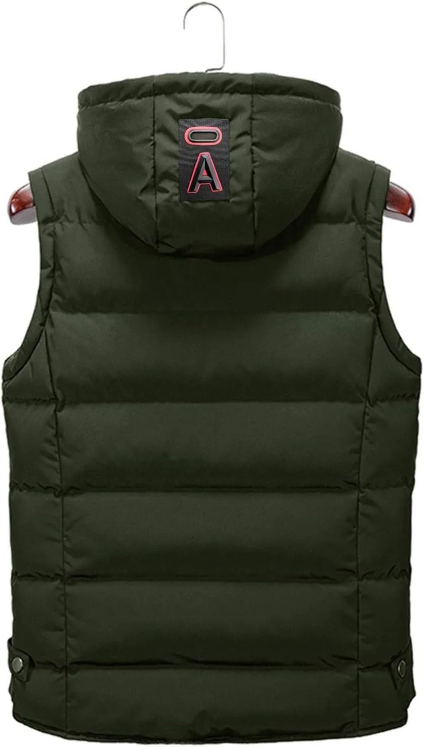 Drawstring Hooded Puffer Vest for Men Full Zip Down Vest with Pockets Hoodie Sleeveless Jacket Slim Fit Winter Vest