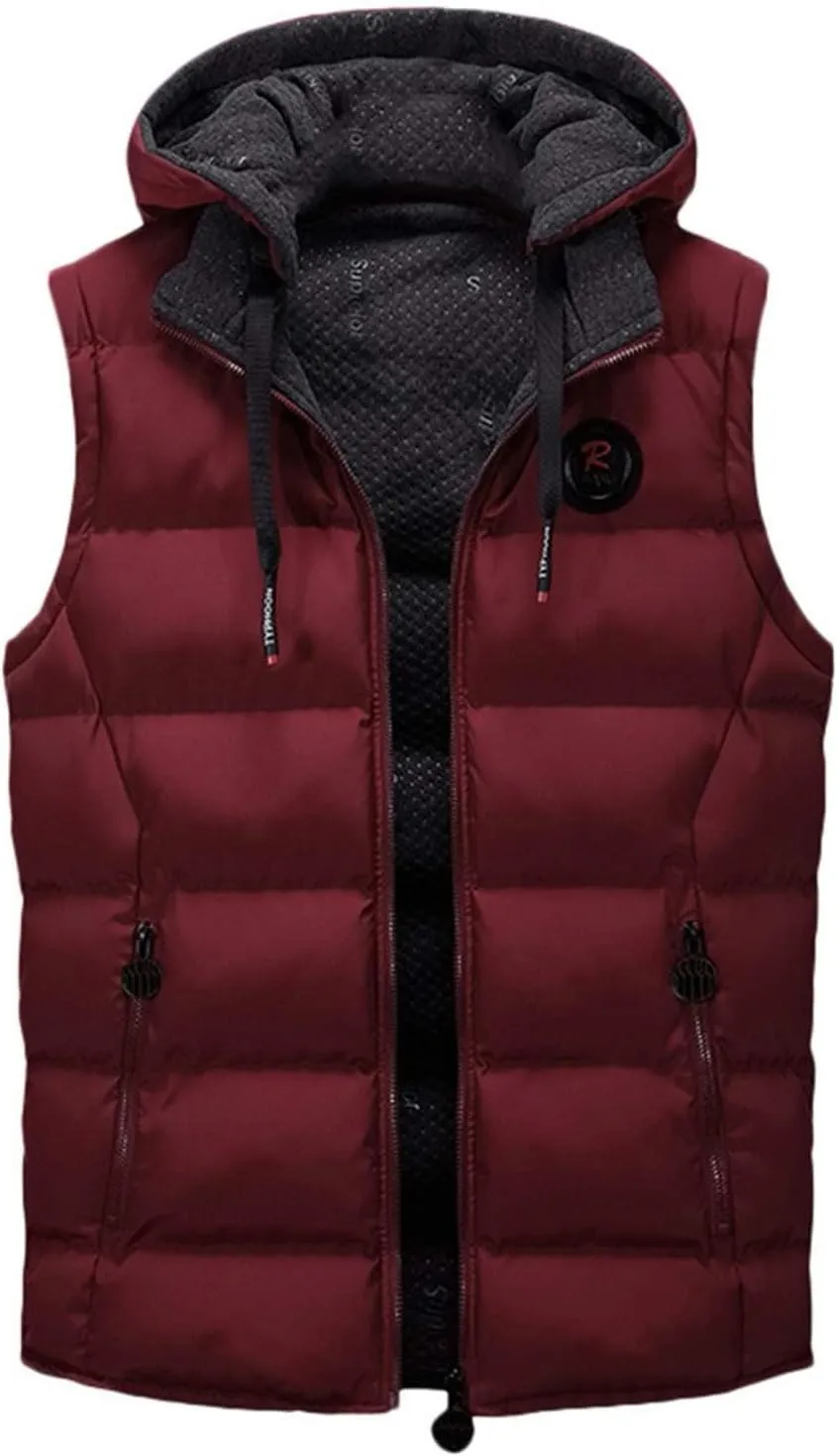 Drawstring Hooded Puffer Vest for Men Full Zip Down Vest with Pockets Hoodie Sleeveless Jacket Slim Fit Winter Vest