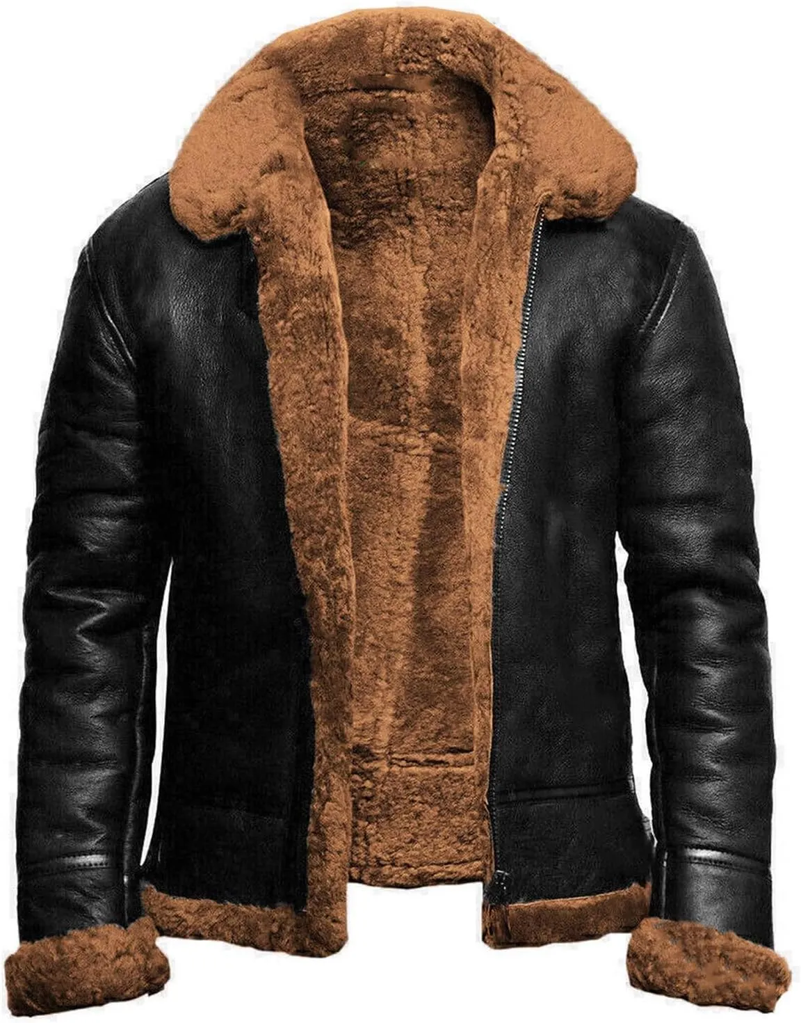 evzosrz Mens Bomber Jackets Faux Leather Fur Collar Sherpa Fleece Lined Motorcycle Jacket Winter Warm Thicken Vintage Coat