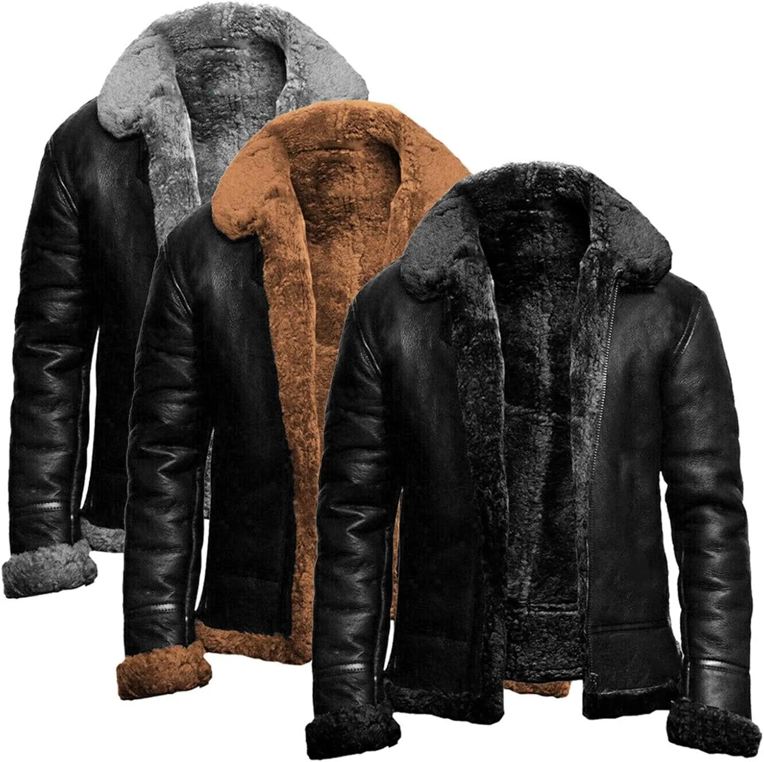 evzosrz Mens Bomber Jackets Faux Leather Fur Collar Sherpa Fleece Lined Motorcycle Jacket Winter Warm Thicken Vintage Coat