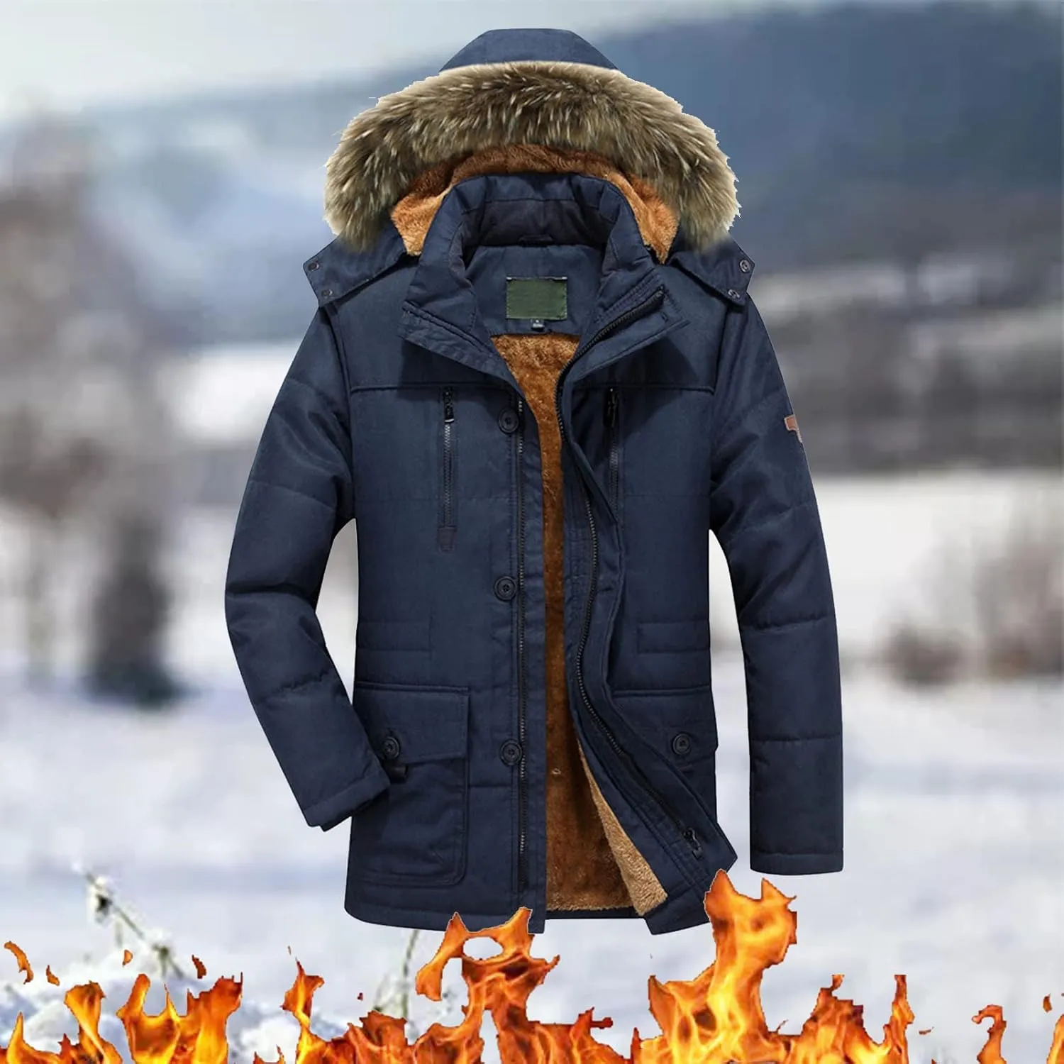 Fleece Lined for Men Solid Fur Collar Full Zip Tactical Military Hunting Jacket with Pockets Winter Warm Outwears
