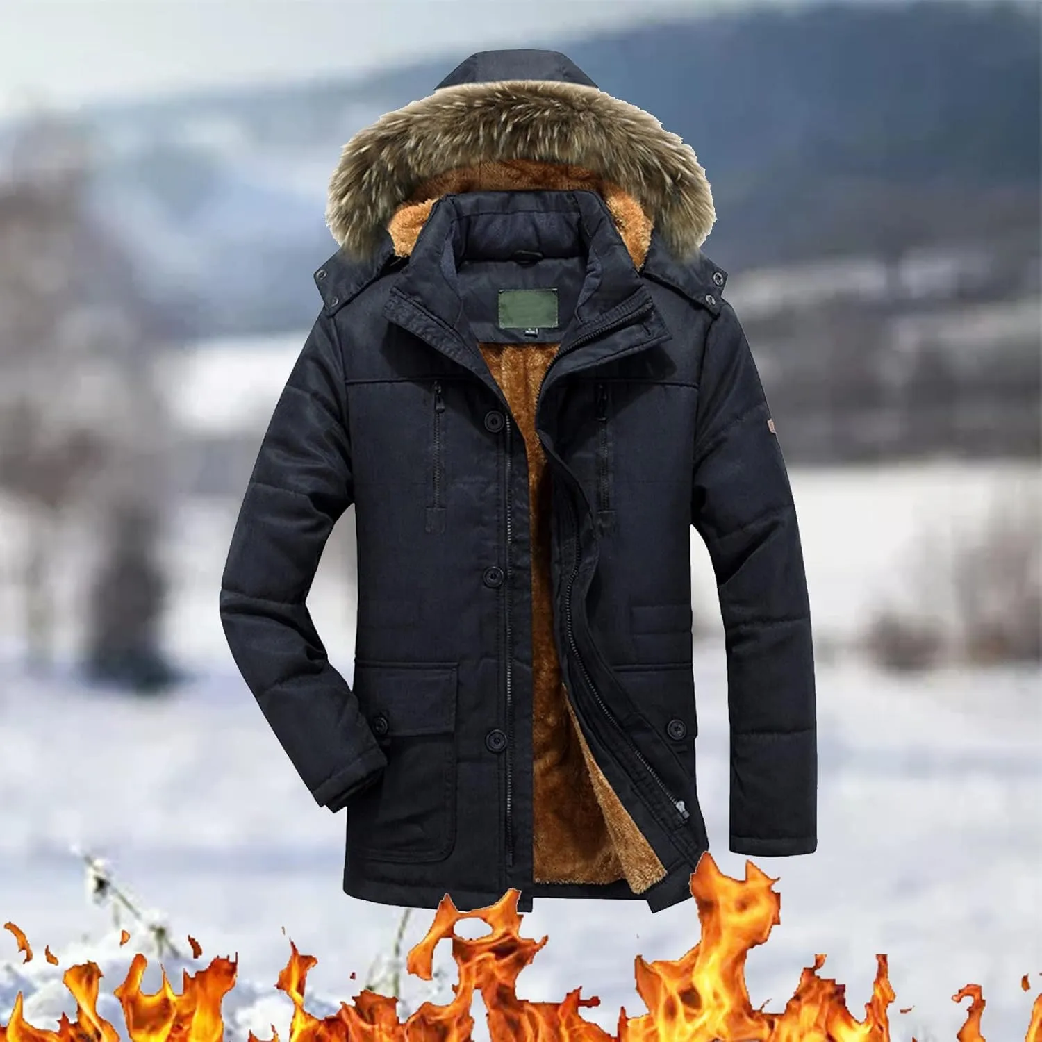 Fleece Lined Parka Jacket for Men Zip Up Hooded Padded Jacket Big and Tall Thicken Puffer Coat Warm Military Jackets