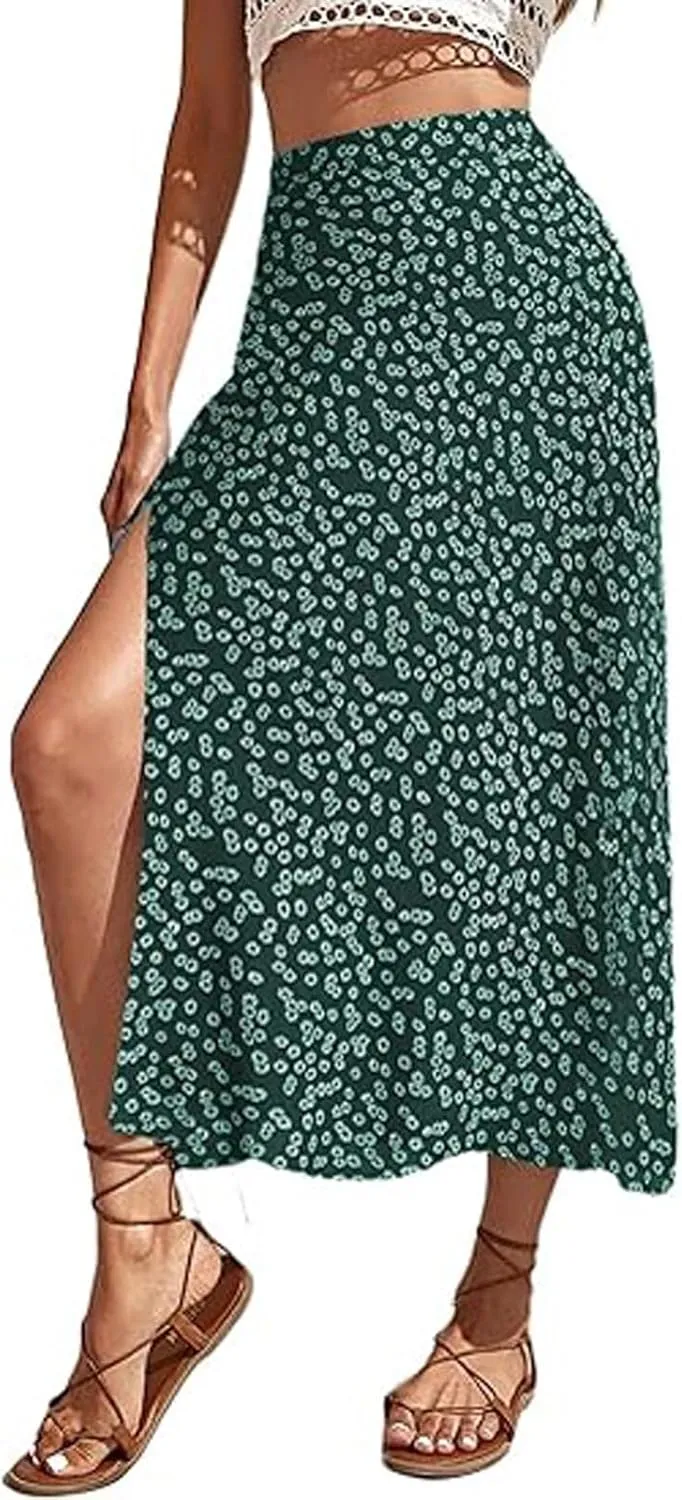 Floral Maxi Skirt for Women High Waist Side Slit Flowy Midi Skirts Boho Print 2025 Summer Vacation Beach Long Skirt