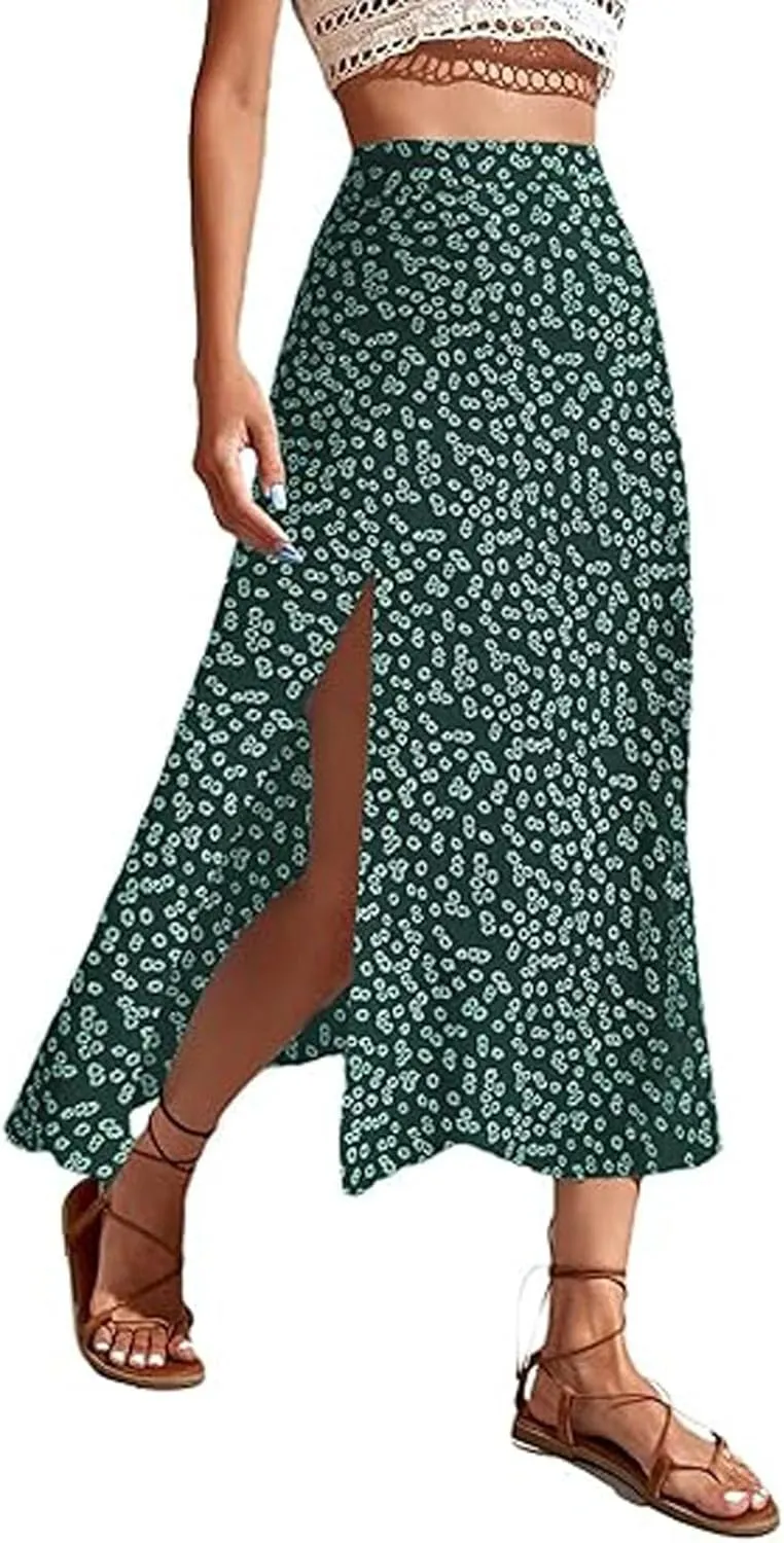 Floral Maxi Skirt for Women High Waist Side Slit Flowy Midi Skirts Boho Print 2025 Summer Vacation Beach Long Skirt