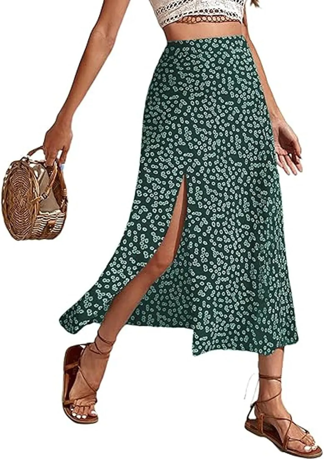 Floral Maxi Skirt for Women High Waist Side Slit Flowy Midi Skirts Boho Print 2025 Summer Vacation Beach Long Skirt