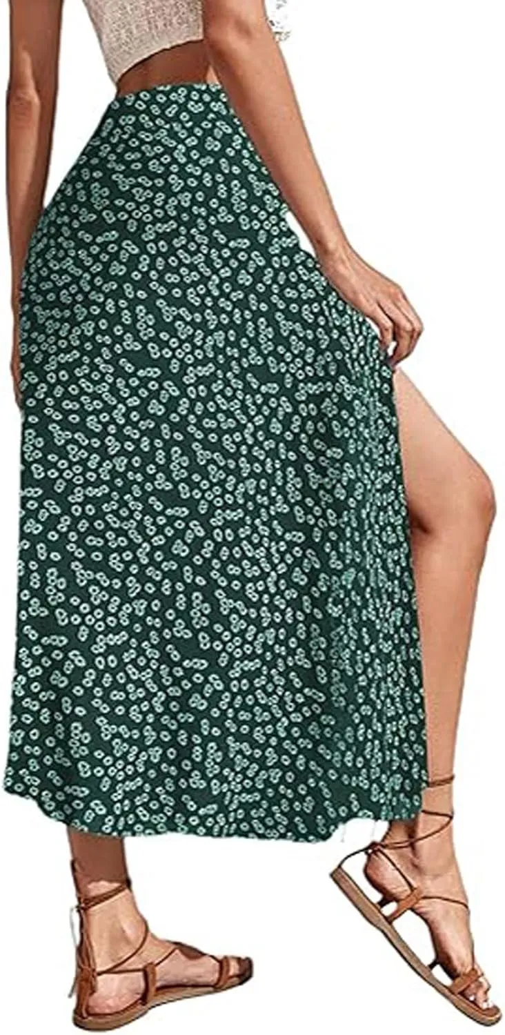 Floral Maxi Skirt for Women High Waist Side Slit Flowy Midi Skirts Boho Print 2025 Summer Vacation Beach Long Skirt