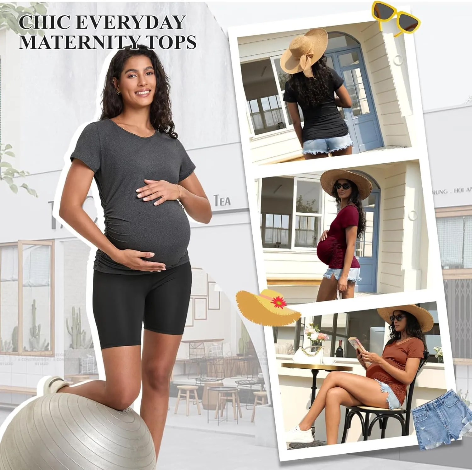 Happy.angel 4 Pack Women's Maternity Tops & T Shirts, Short Sleeve Pregnancy Clothes Stretchy Ruched Tunic Crew Neck Blouses