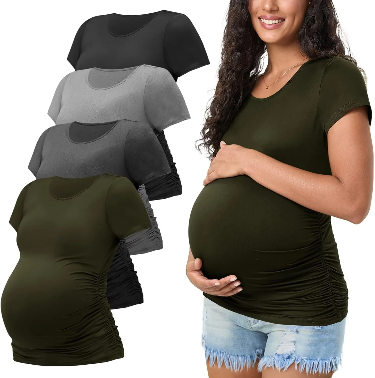 Happy.angel 4 Pack Women's Maternity Tops & T Shirts, Short Sleeve Pregnancy Clothes Stretchy Ruched Tunic Crew Neck Blouses