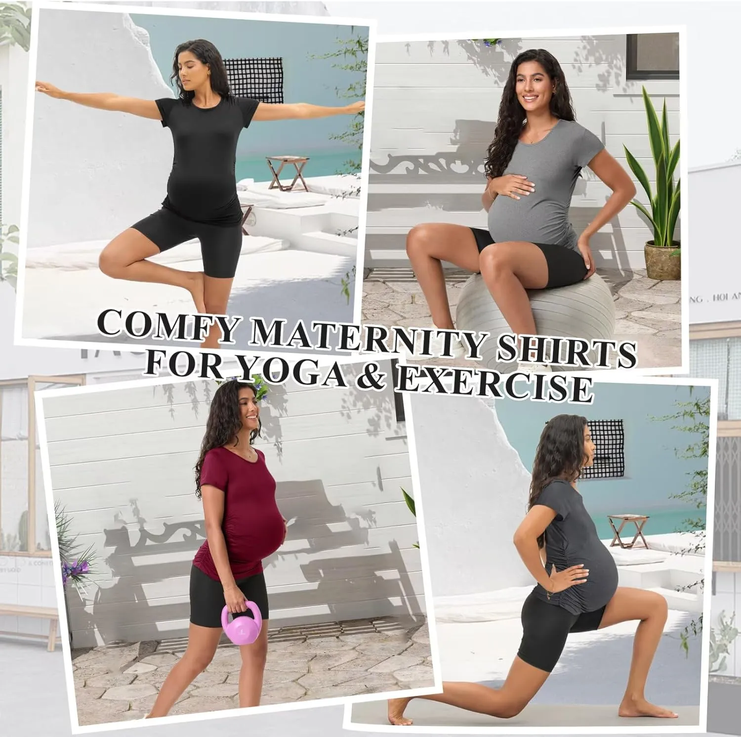 Happy.angel 4 Pack Women's Maternity Tops & T Shirts, Short Sleeve Pregnancy Clothes Stretchy Ruched Tunic Crew Neck Blouses