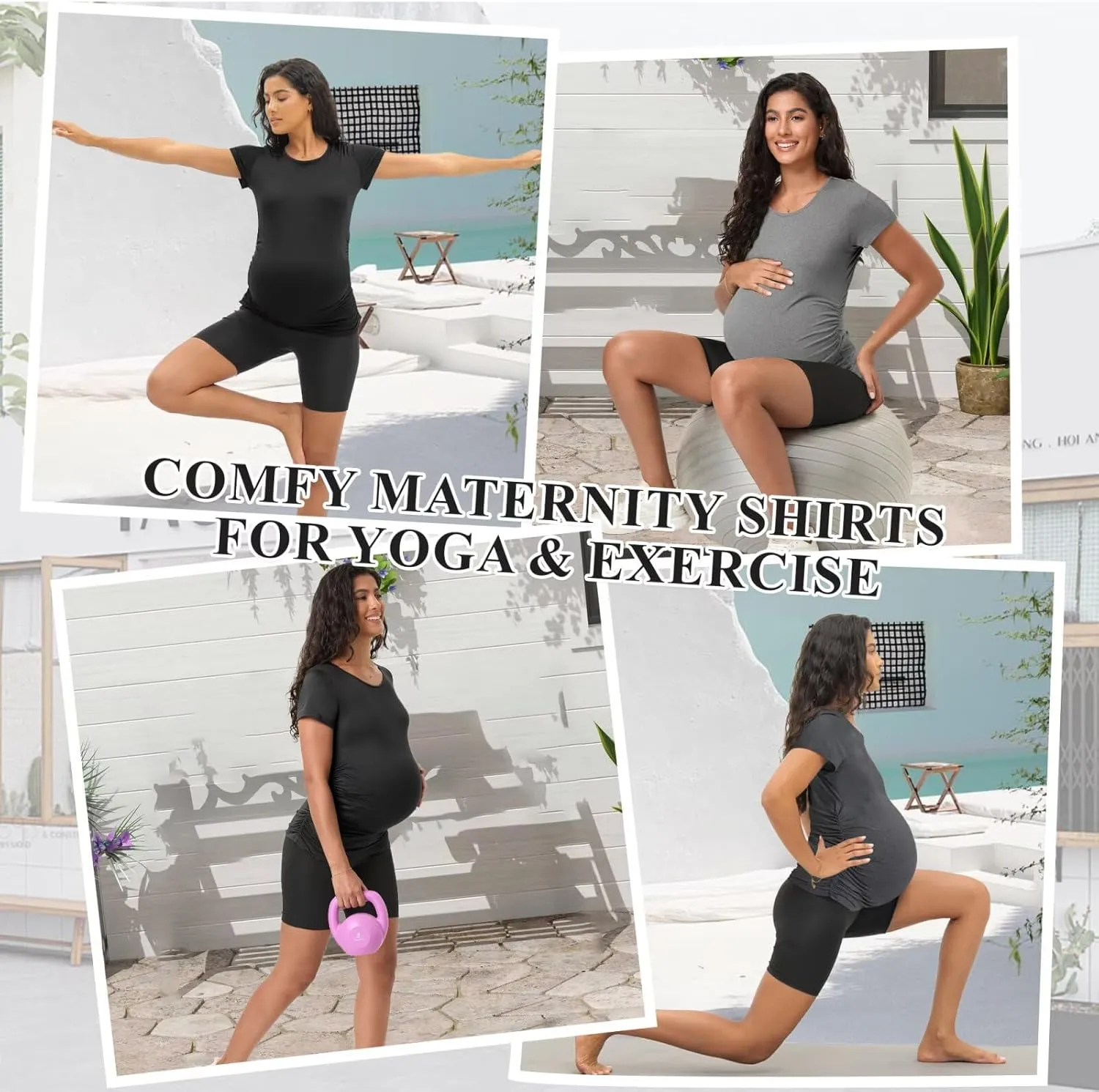 Happy.angel 4 Pack Women's Maternity Tops & T Shirts, Short Sleeve Pregnancy Clothes Stretchy Ruched Tunic Crew Neck Blouses