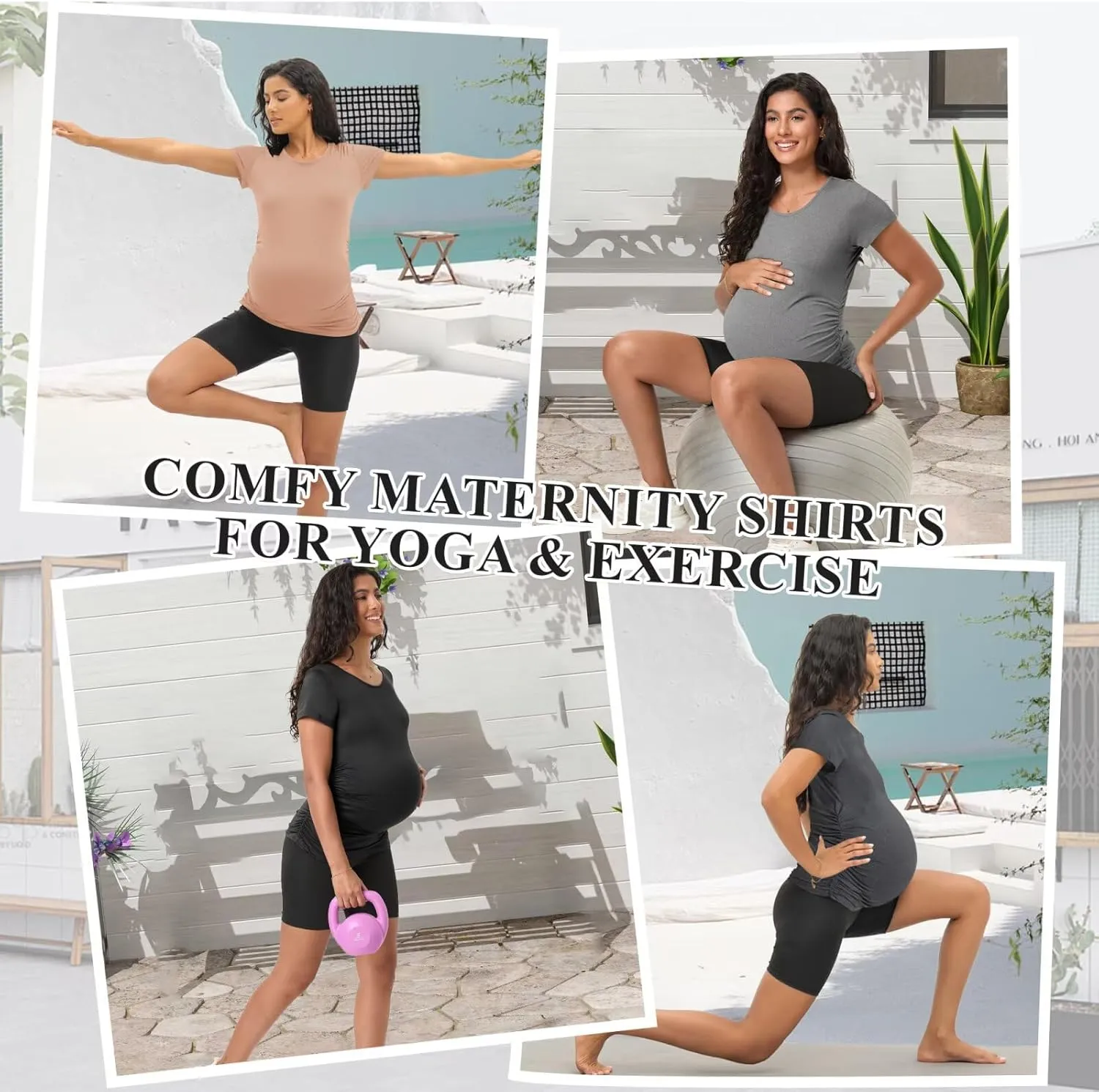 Happy.angel 4 Pack Women's Maternity Tops & T Shirts, Short Sleeve Pregnancy Clothes Stretchy Ruched Tunic Crew Neck Blouses