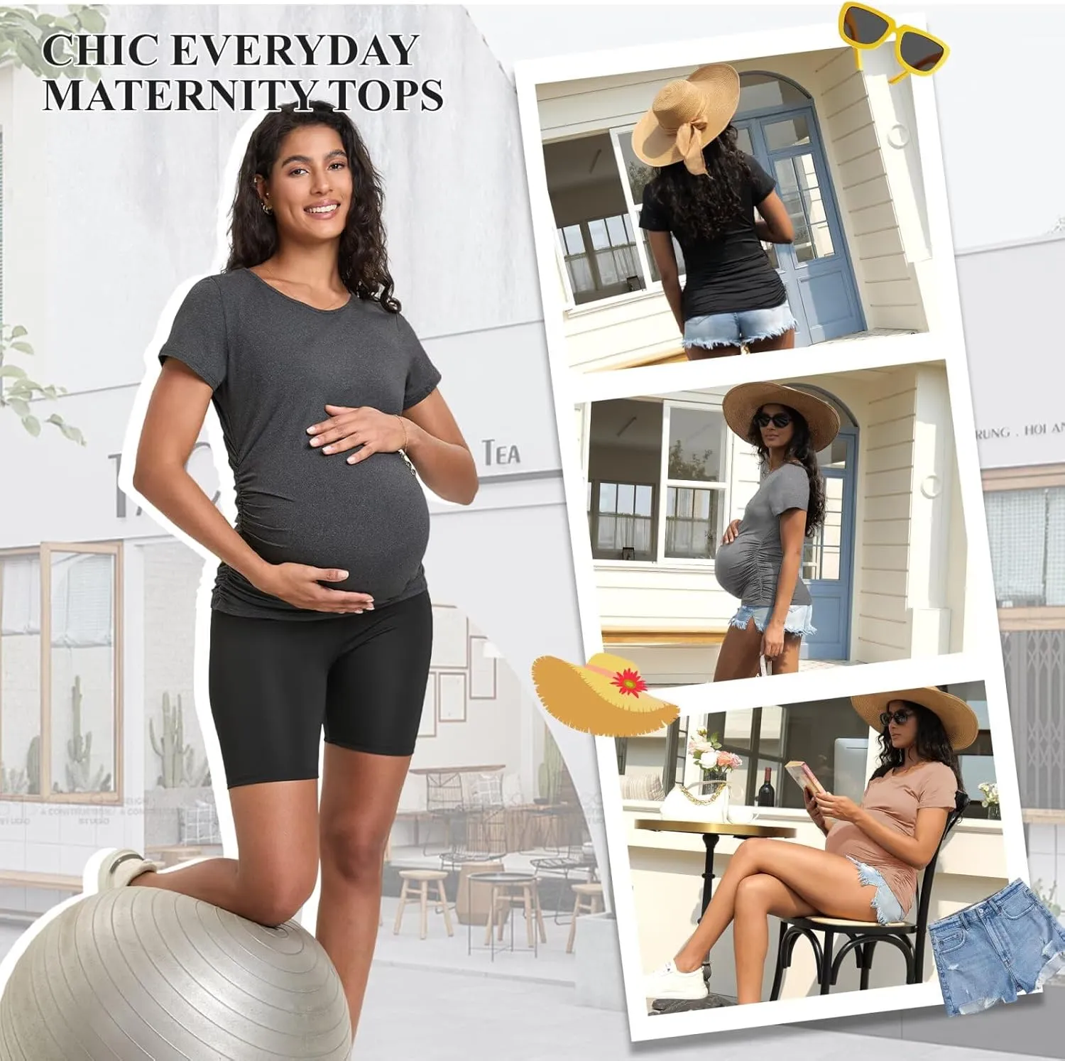 Happy.angel 4 Pack Women's Maternity Tops & T Shirts, Short Sleeve Pregnancy Clothes Stretchy Ruched Tunic Crew Neck Blouses
