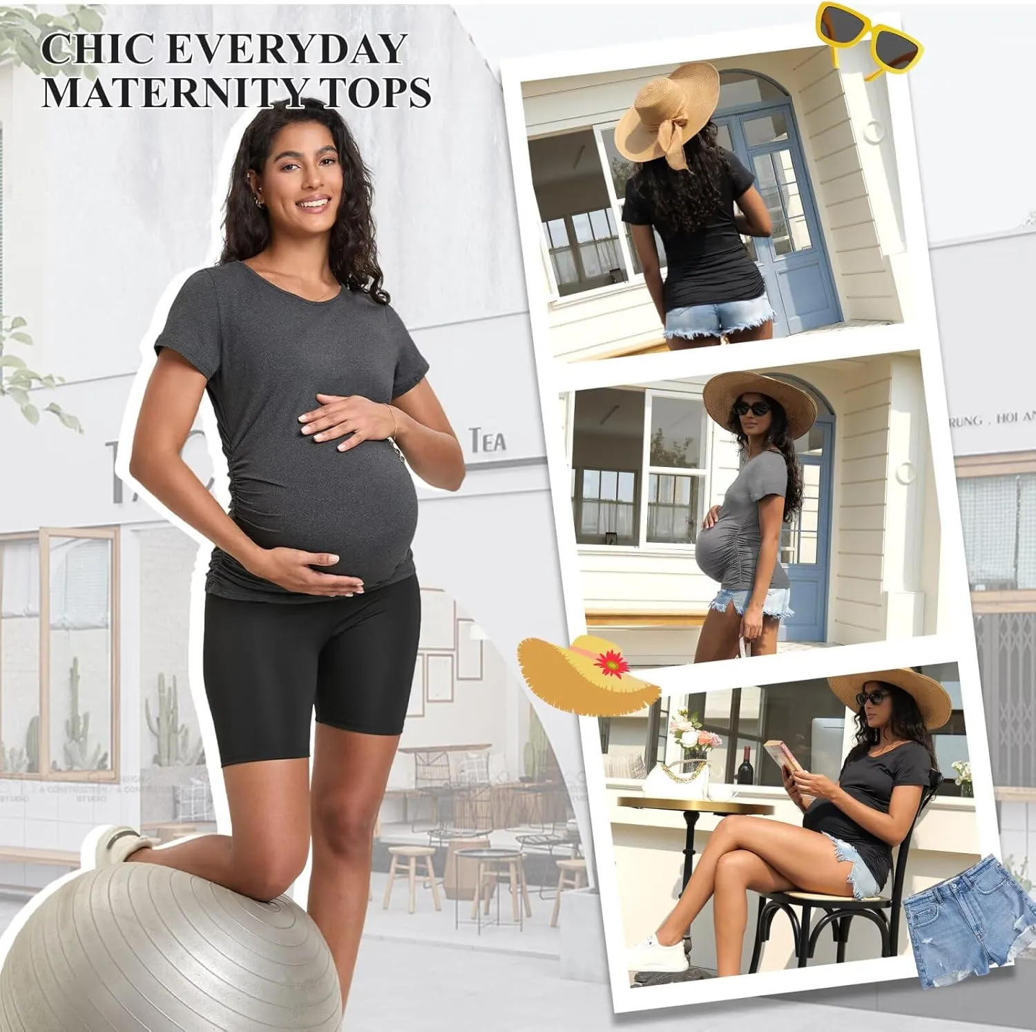 Happy.angel 4 Pack Women's Maternity Tops & T Shirts, Short Sleeve Pregnancy Clothes Stretchy Ruched Tunic Crew Neck Blouses