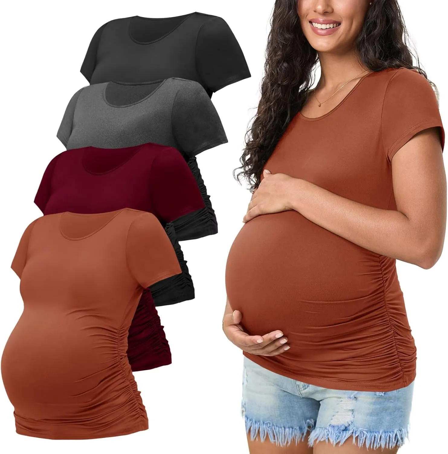 Happy.angel 4 Pack Women's Maternity Tops & T Shirts, Short Sleeve Pregnancy Clothes Stretchy Ruched Tunic Crew Neck Blouses