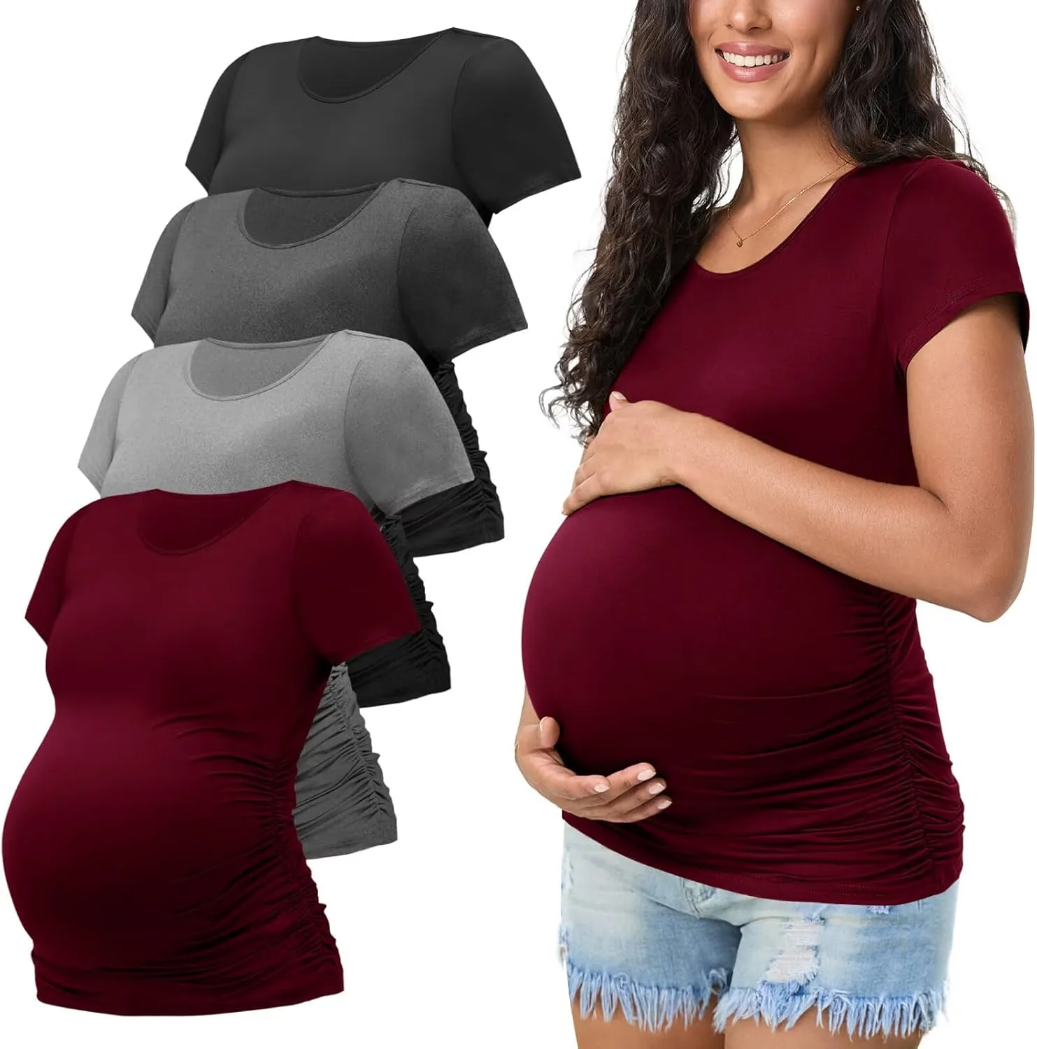 Happy.angel 4 Pack Women's Maternity Tops & T Shirts, Short Sleeve Pregnancy Clothes Stretchy Ruched Tunic Crew Neck Blouses