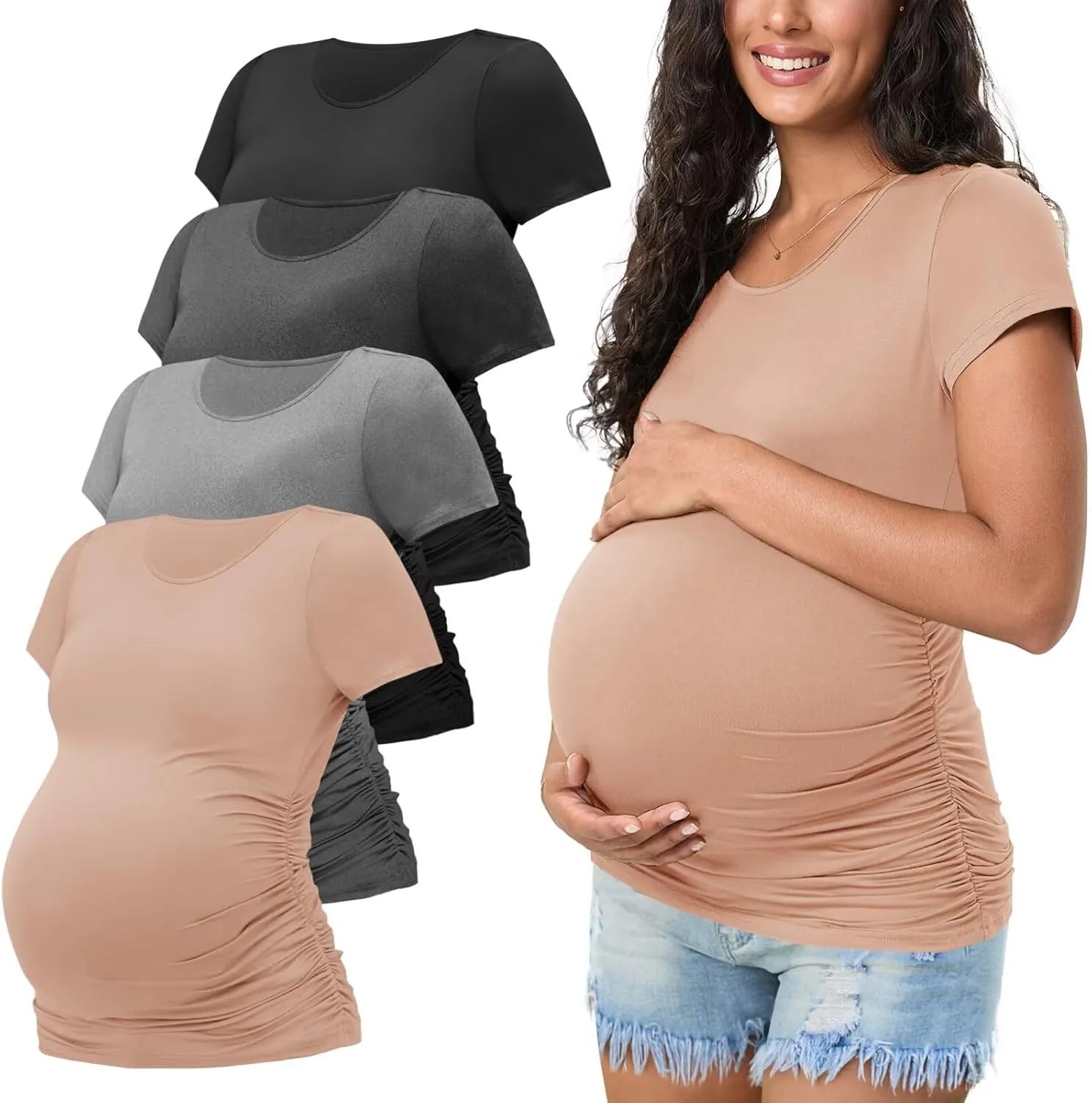 Happy.angel 4 Pack Women's Maternity Tops & T Shirts, Short Sleeve Pregnancy Clothes Stretchy Ruched Tunic Crew Neck Blouses