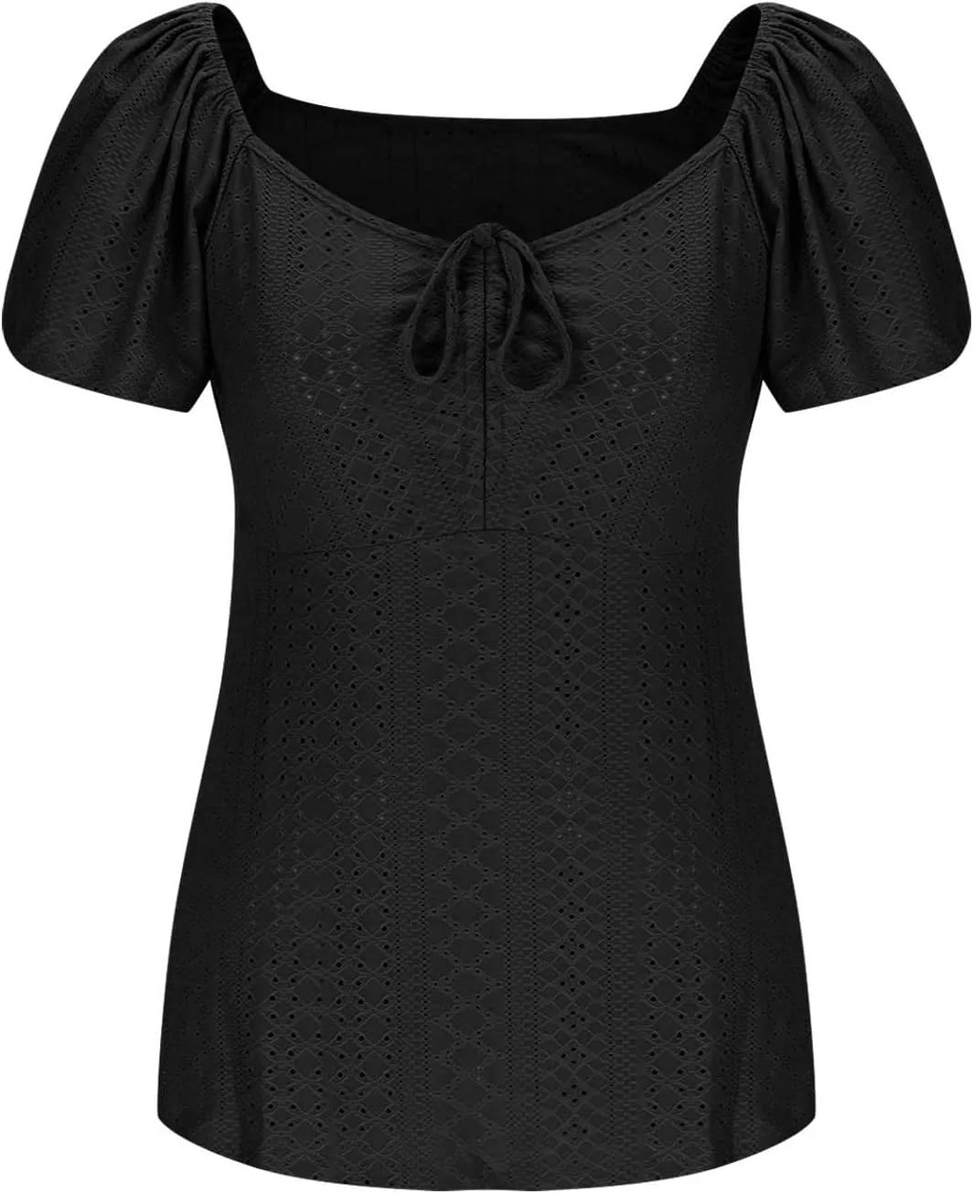 HGps8w Drawstring V Neck Eyelet Tops for Women Dressy Summer Plus Size Peplum Blouses Loose Short Sleeve Casual T-Shirts