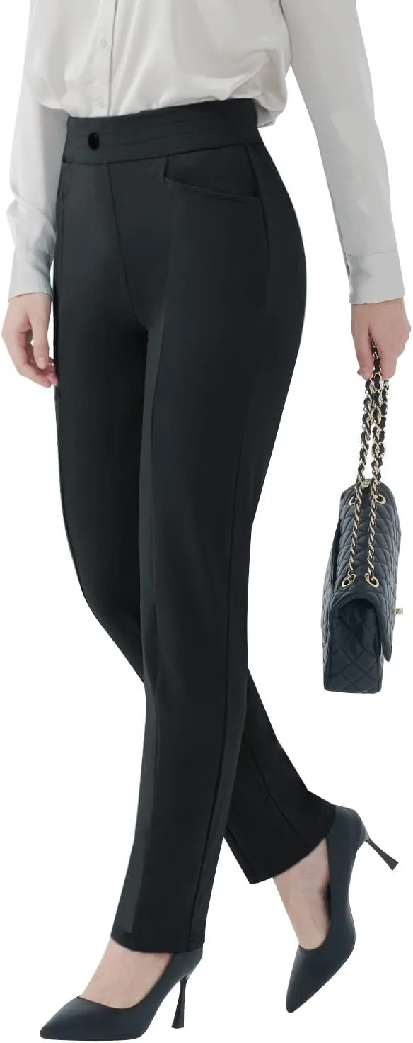 Hiverlay Dress Pants for Women Stretchy Pull On Straight Leg Trouser with Pockets