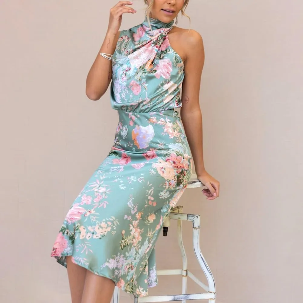 IDOPIP Women Formal Halter Satin Dress Floral Elegant Summer Bridesmaid Midi Dress Evening Party Cocktail Wedding Guest Dress