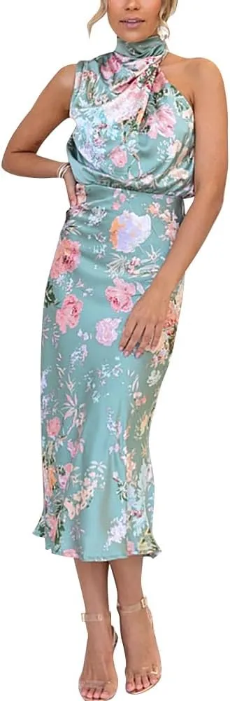 IDOPIP Women Formal Halter Satin Dress Floral Elegant Summer Bridesmaid Midi Dress Evening Party Cocktail Wedding Guest Dress