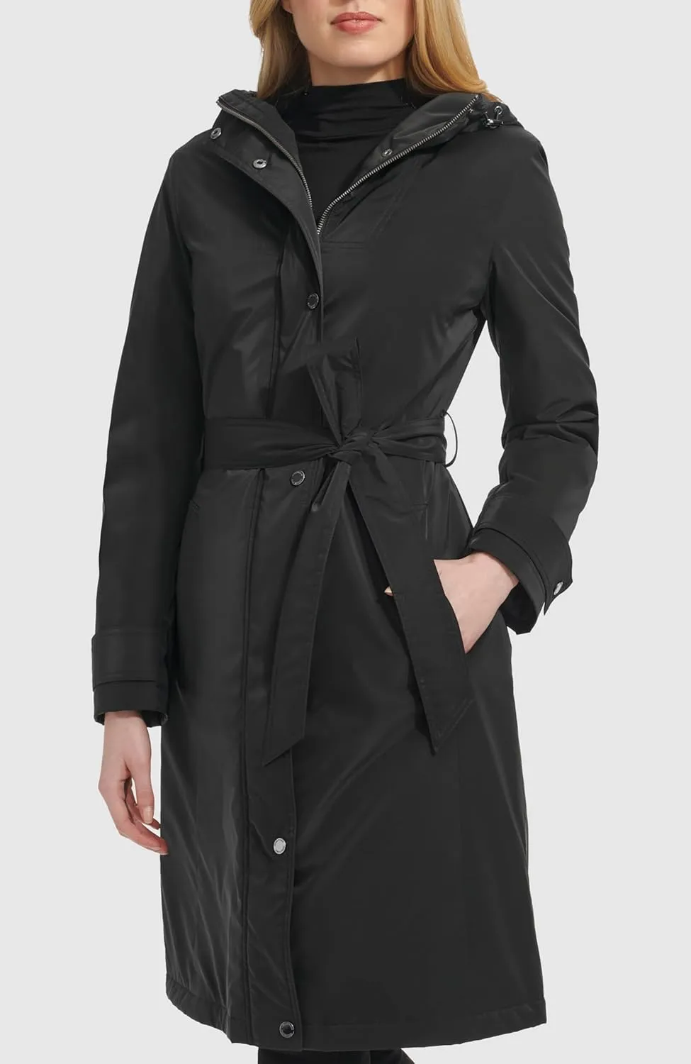 Kenneth Cole Women's Belted Sleeker Midweight Coat with Attached Hood