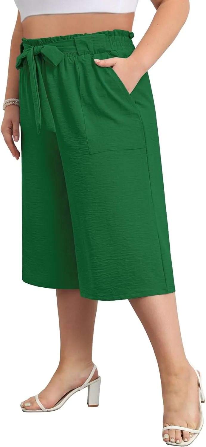 Lastshe Women's Casual Plus Size Cropped Wide-Leg Pants with Pockets High Waisted Adjustable Tie Knot Capri Palazzo Trousers