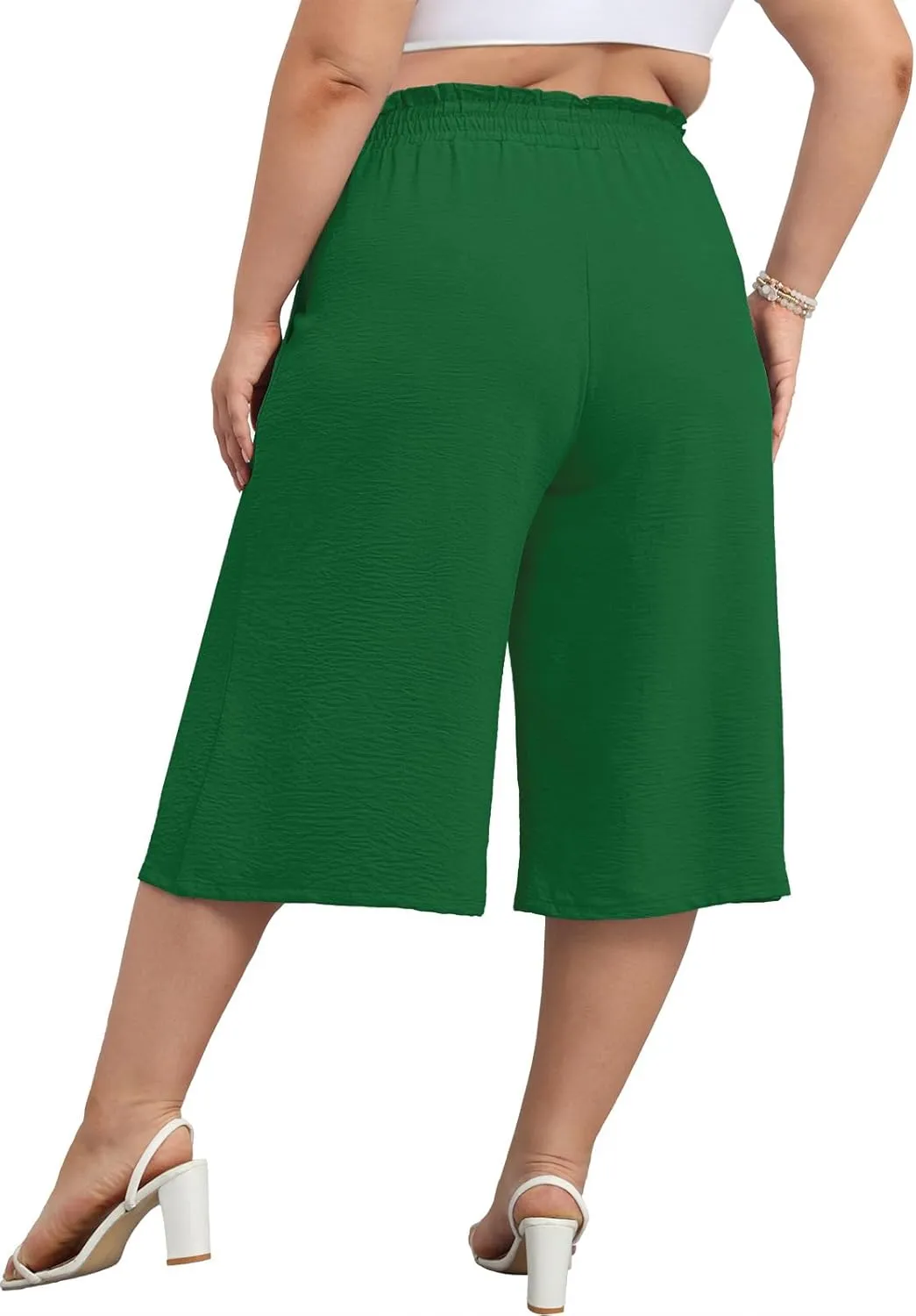 Lastshe Women's Casual Plus Size Cropped Wide-Leg Pants with Pockets High Waisted Adjustable Tie Knot Capri Palazzo Trousers