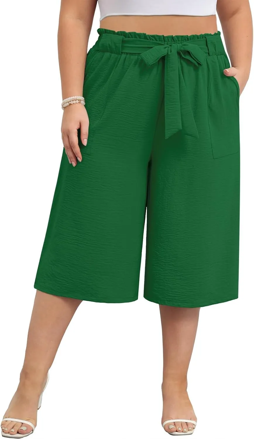 Lastshe Women's Casual Plus Size Cropped Wide-Leg Pants with Pockets High Waisted Adjustable Tie Knot Capri Palazzo Trousers
