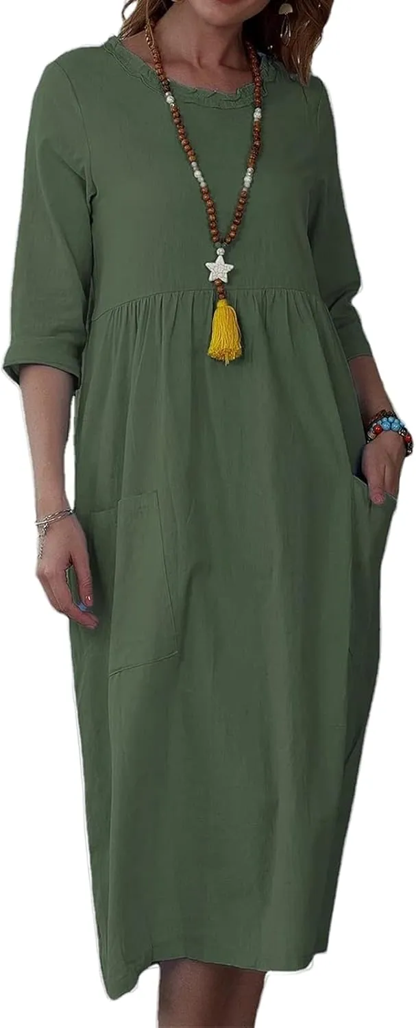 Linen Dresses for Women 2025 Elegant Summer Short Sleeve Crew Neck Flowy Swing Mini Dress Casual Fashion Long Dresses