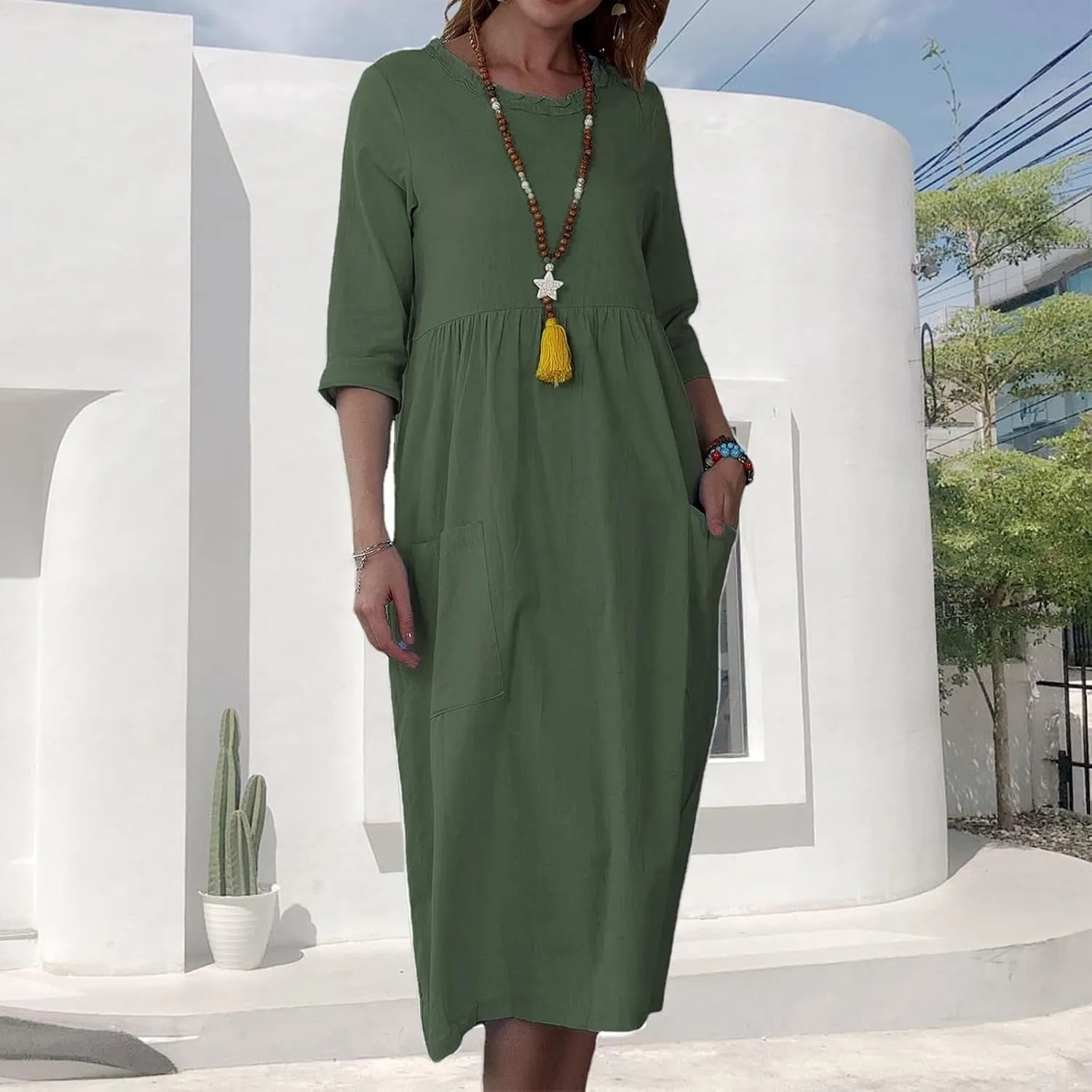 Linen Dresses for Women 2025 Elegant Summer Short Sleeve Crew Neck Flowy Swing Mini Dress Casual Fashion Long Dresses