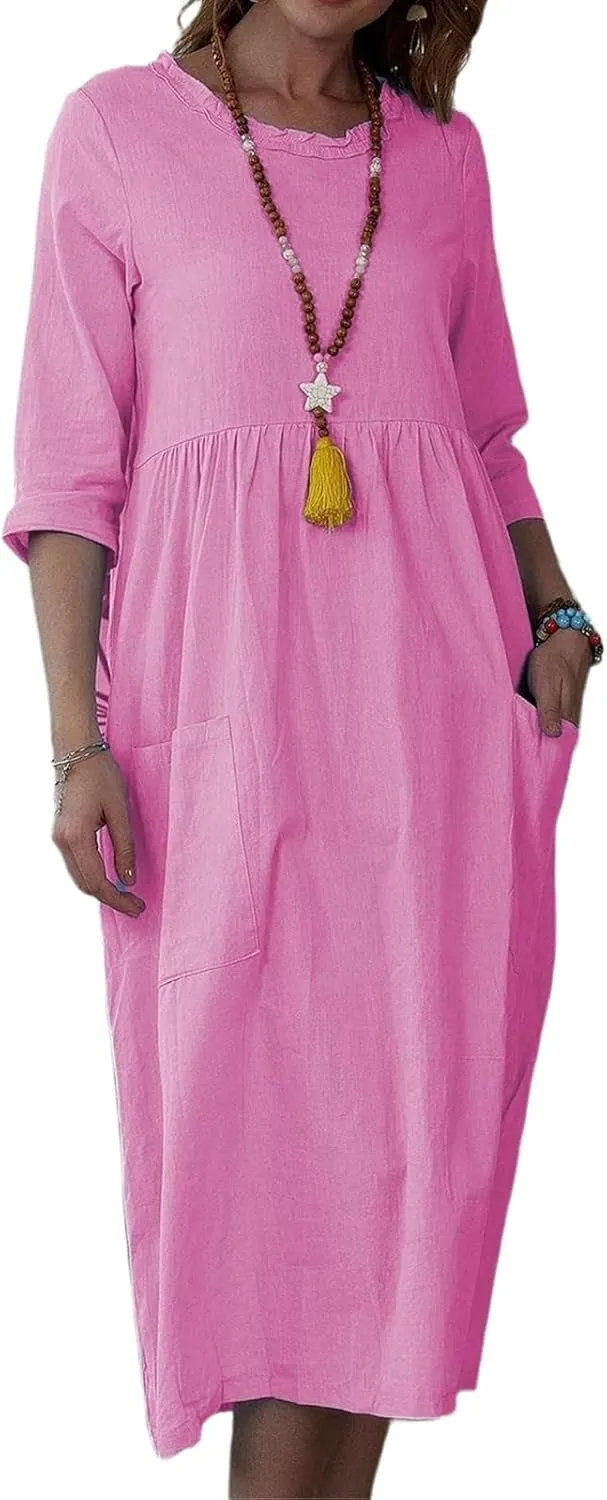 Linen Dresses for Women 2025 Elegant Summer Short Sleeve Crew Neck Flowy Swing Mini Dress Casual Fashion Long Dresses